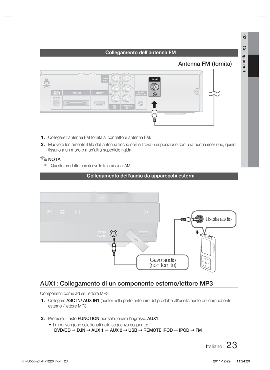 Samsung HT-D550/XN AUX1 Collegamento di un componente esterno/lettore MP3, Antenna FM fornita, Collegamento dellantenna FM 