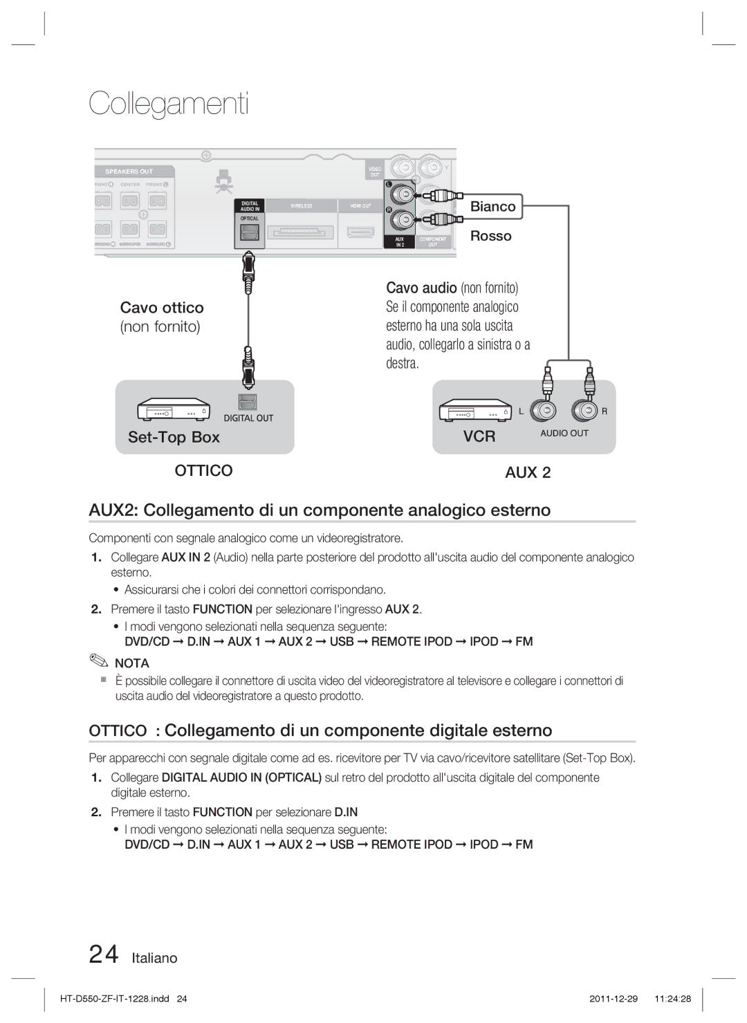 Samsung HT-D555/TK, HT-D550/XN AUX2 Collegamento di un componente analogico esterno, Cavo ottico non fornito Set-Top Box 