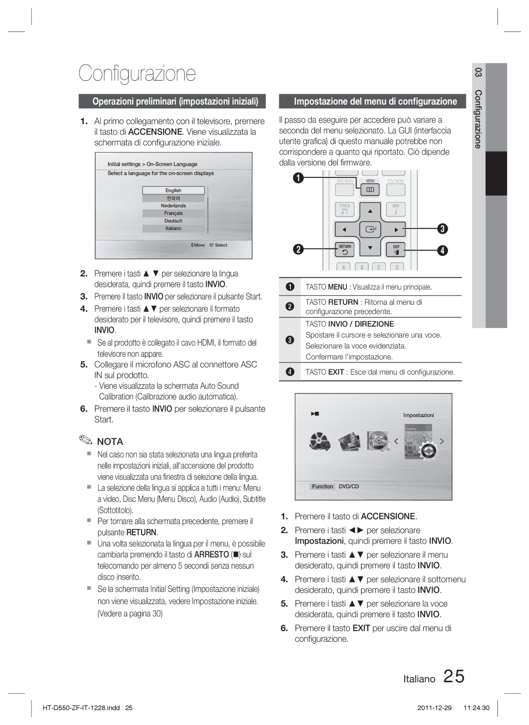 Samsung HT-D550/EN, HT-D550/XN, HT-D555/TK manual Conﬁgurazione, Premere il tasto Invio per selezionare il pulsante Start 