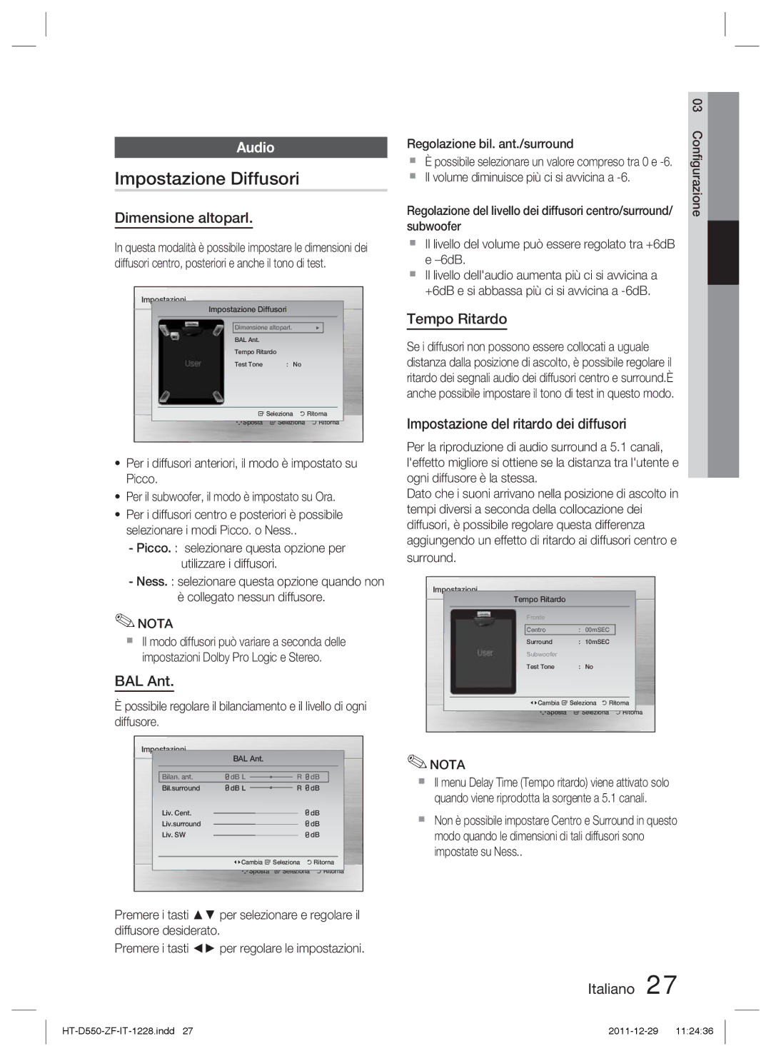 Samsung HT-D555/ZF, HT-D550/XN, HT-D555/TK, HT-D550/EN Impostazione Diffusori, Dimensione altoparl, BAL Ant, Tempo Ritardo 