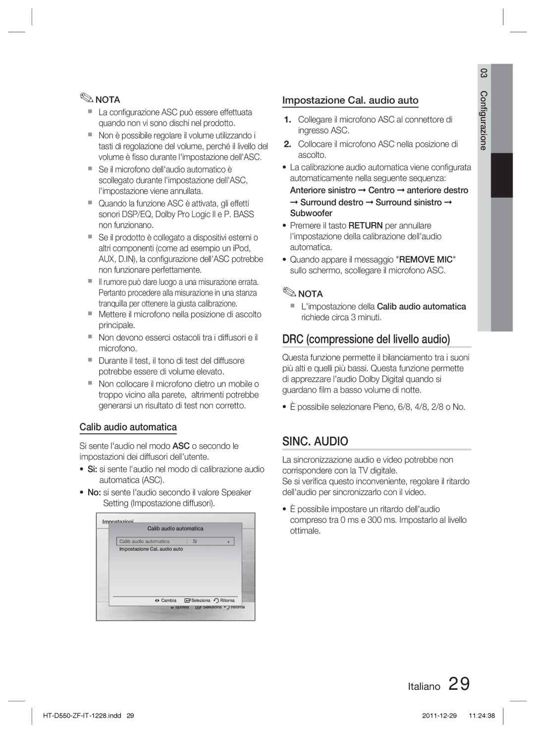 Samsung HT-D550/ZF, HT-D550/XN, HT-D555/TK, HT-D550/EN SINC. Audio, Impostazione Cal. audio auto, Calib audio automatica 