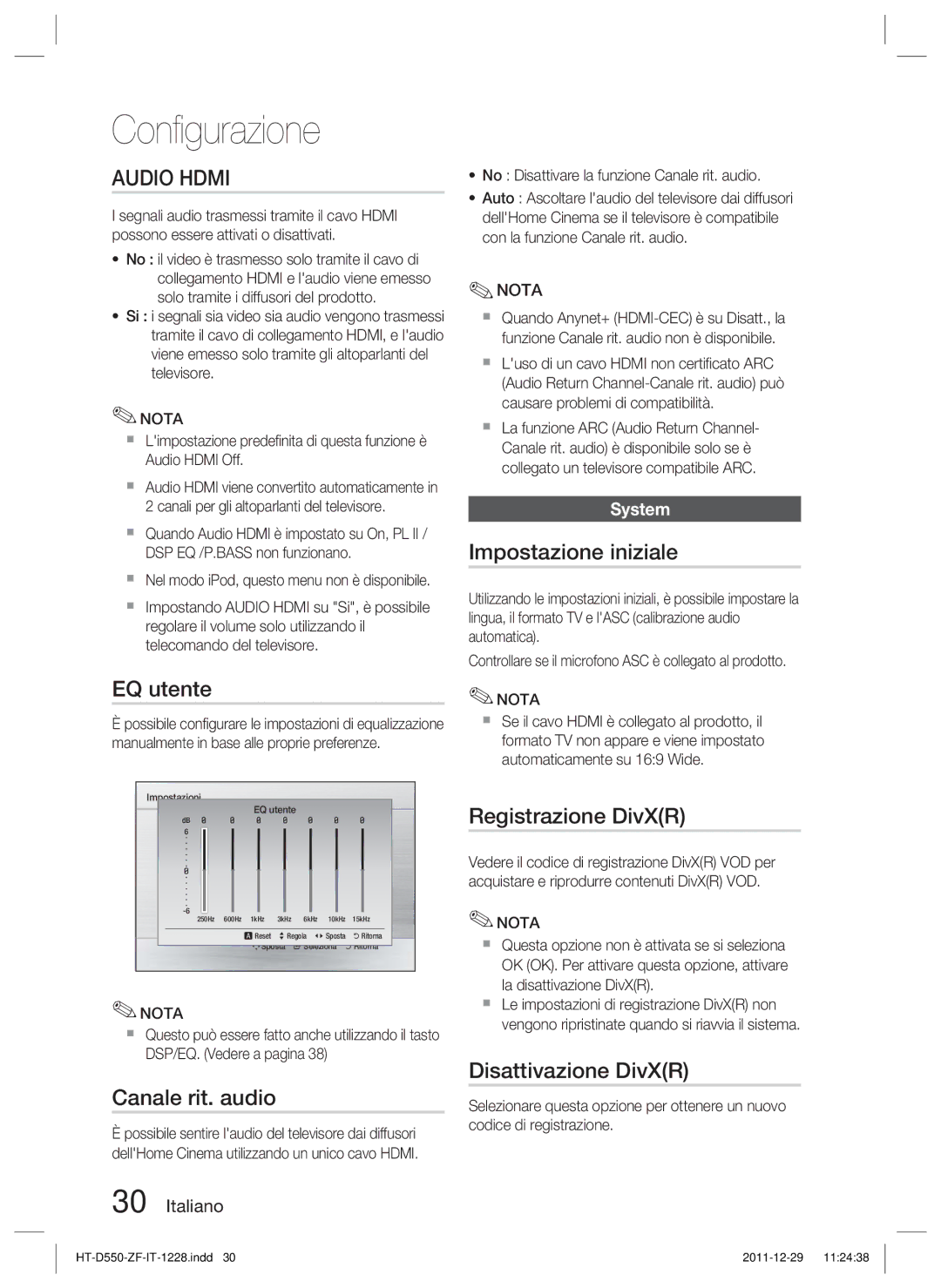 Samsung HT-D555/XE manual EQ utente, Canale rit. audio, Impostazione iniziale, Registrazione DivXR, Disattivazione DivXR 