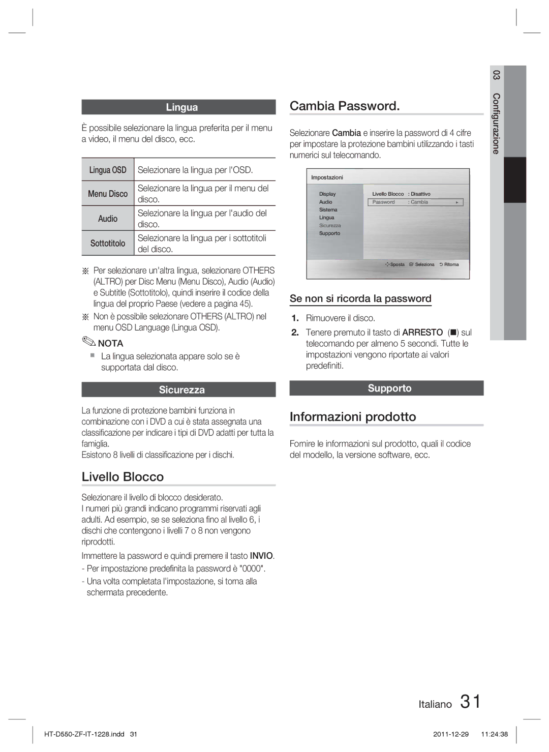 Samsung HT-D550/XE, HT-D550/XN, HT-D555/TK, HT-D550/EN Livello Blocco, Informazioni prodotto, Lingua, Sicurezza, Supporto 