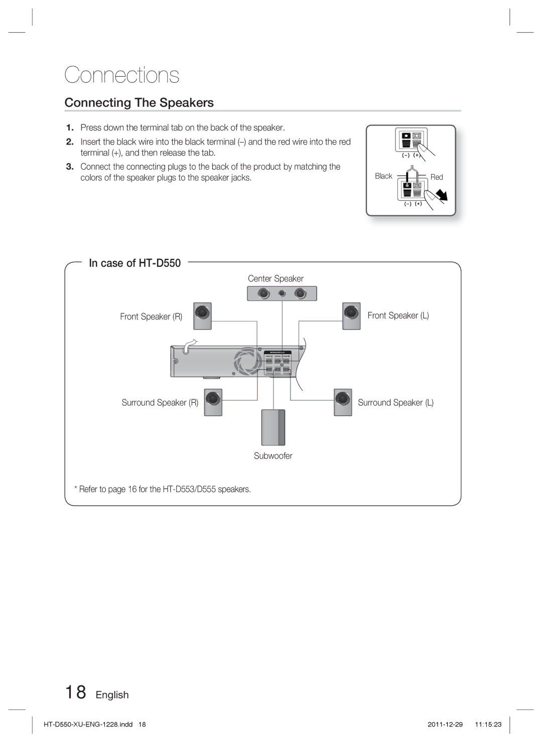 Samsung HT-D550/XE manual Connecting The Speakers, Case of HT-D550, Center Speaker Front Speaker R Front Speaker L, Red 