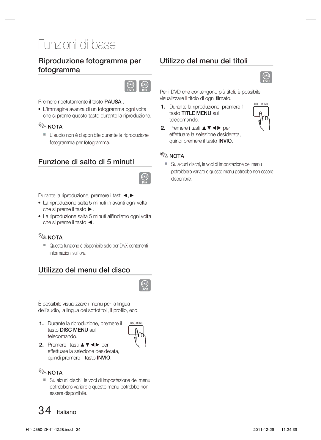 Samsung HT-D555/TK Riproduzione fotogramma per fotogramma, Utilizzo del menu dei titoli, Funzione di salto di 5 minuti 