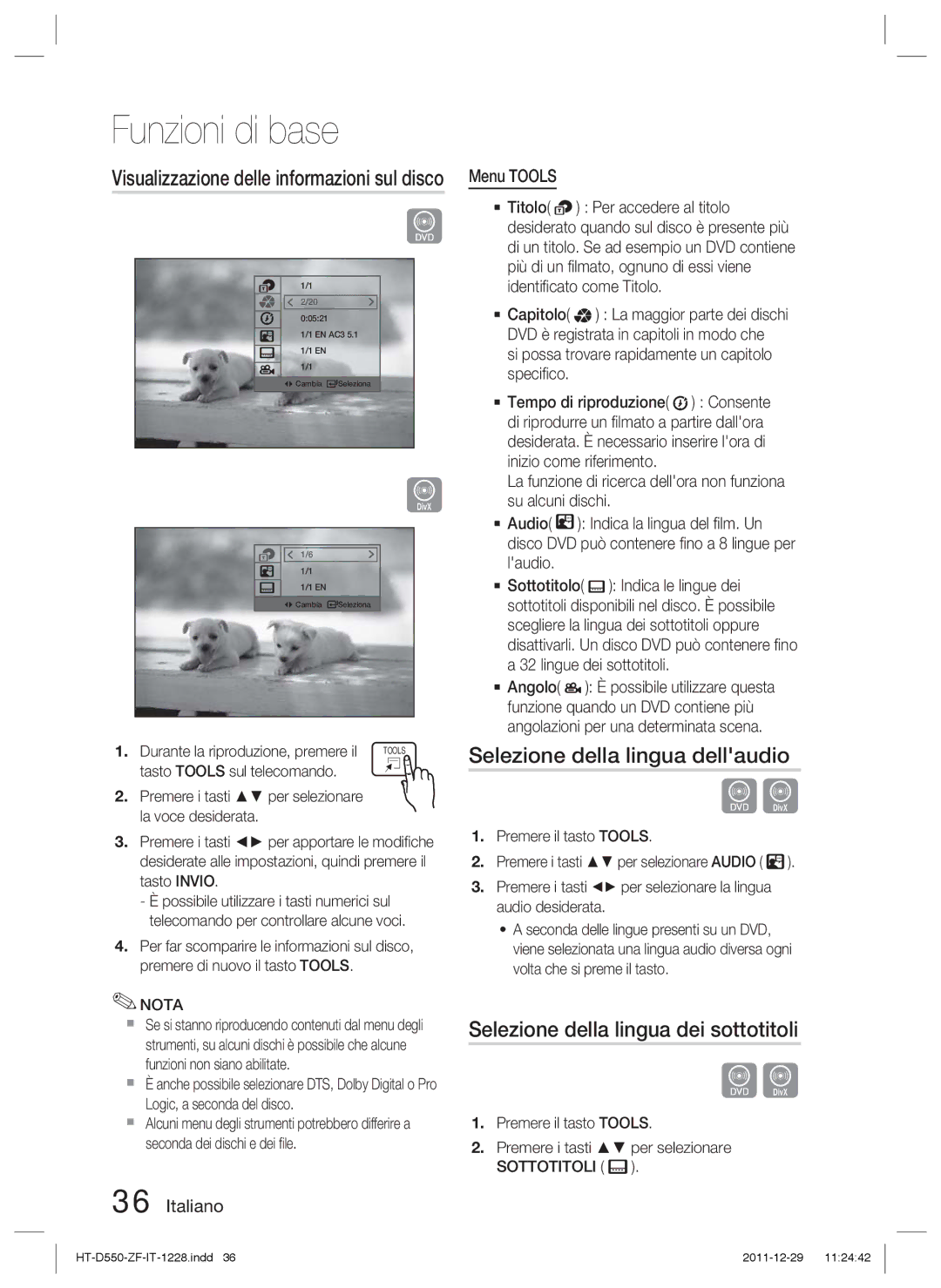 Samsung HT-D555/EN manual Selezione della lingua dellaudio, Selezione della lingua dei sottotitoli, Italiano Menu Tools 