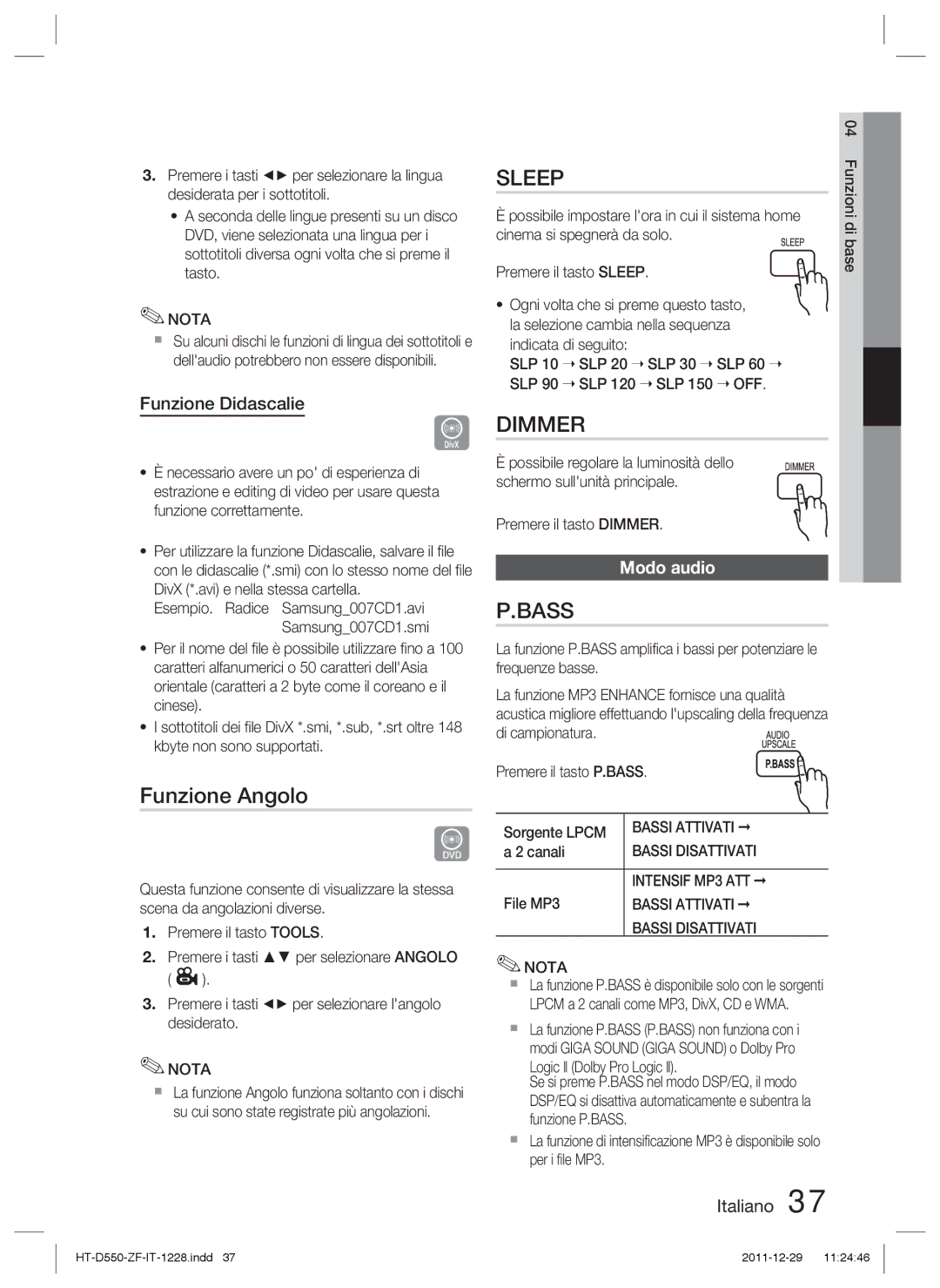 Samsung HT-D555/ZF, HT-D550/XN, HT-D555/TK, HT-D550/EN, HT-D555/EN manual Funzione Angolo, Funzione Didascalie, Modo audio 