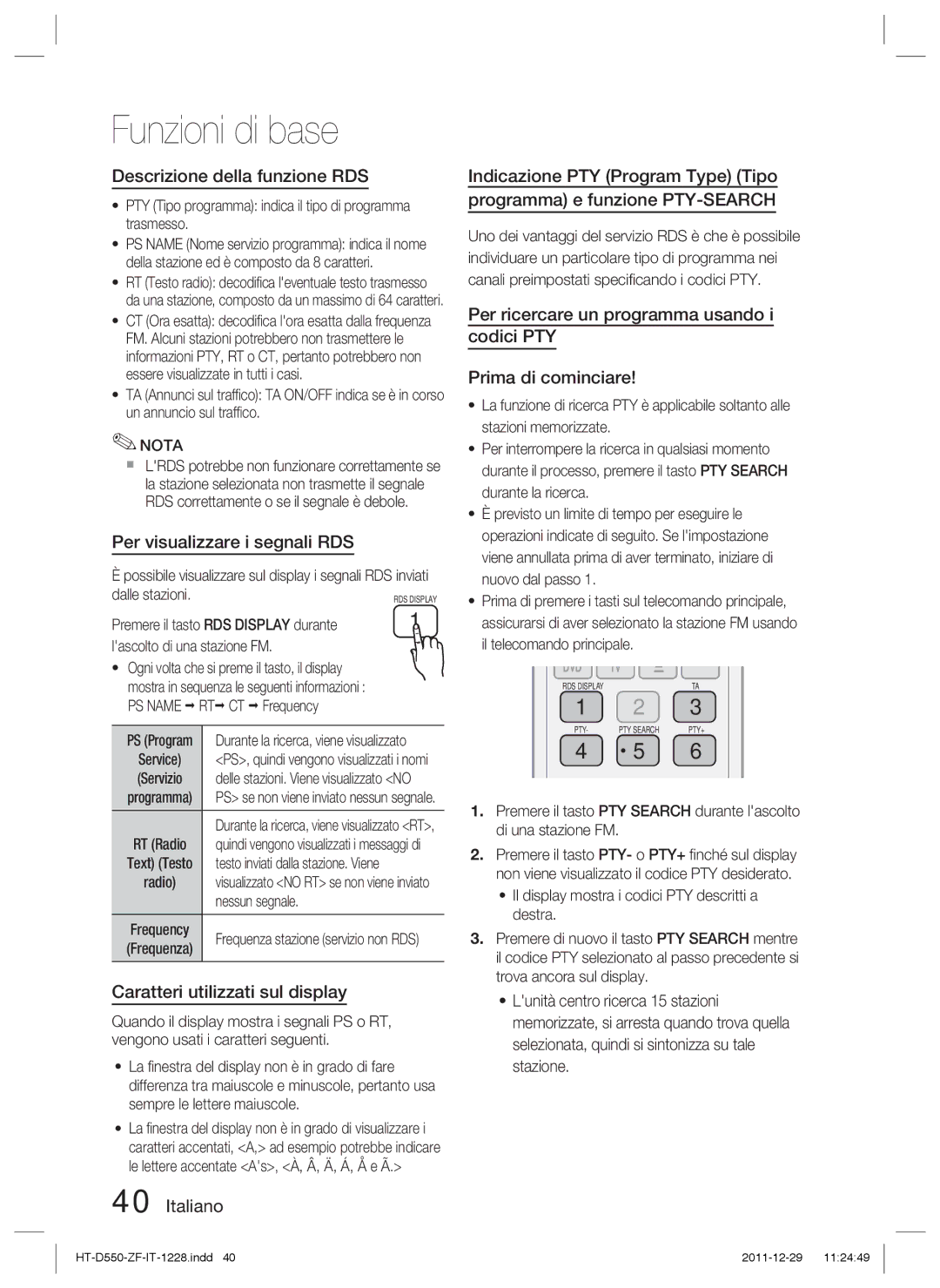 Samsung HT-D555/XE manual Descrizione della funzione RDS, Per visualizzare i segnali RDS, Caratteri utilizzati sul display 