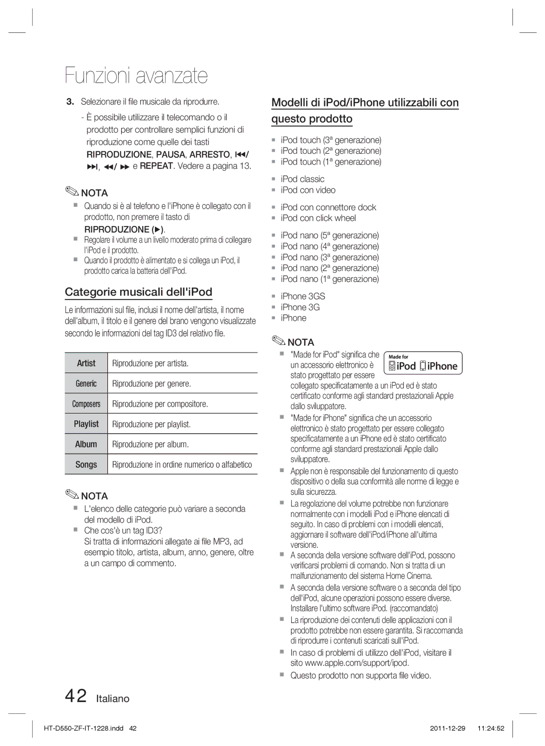 Samsung HT-D555WK/SQ, HT-D550/XN manual Categorie musicali delliPod, Modelli di iPod/iPhone utilizzabili con questo prodotto 