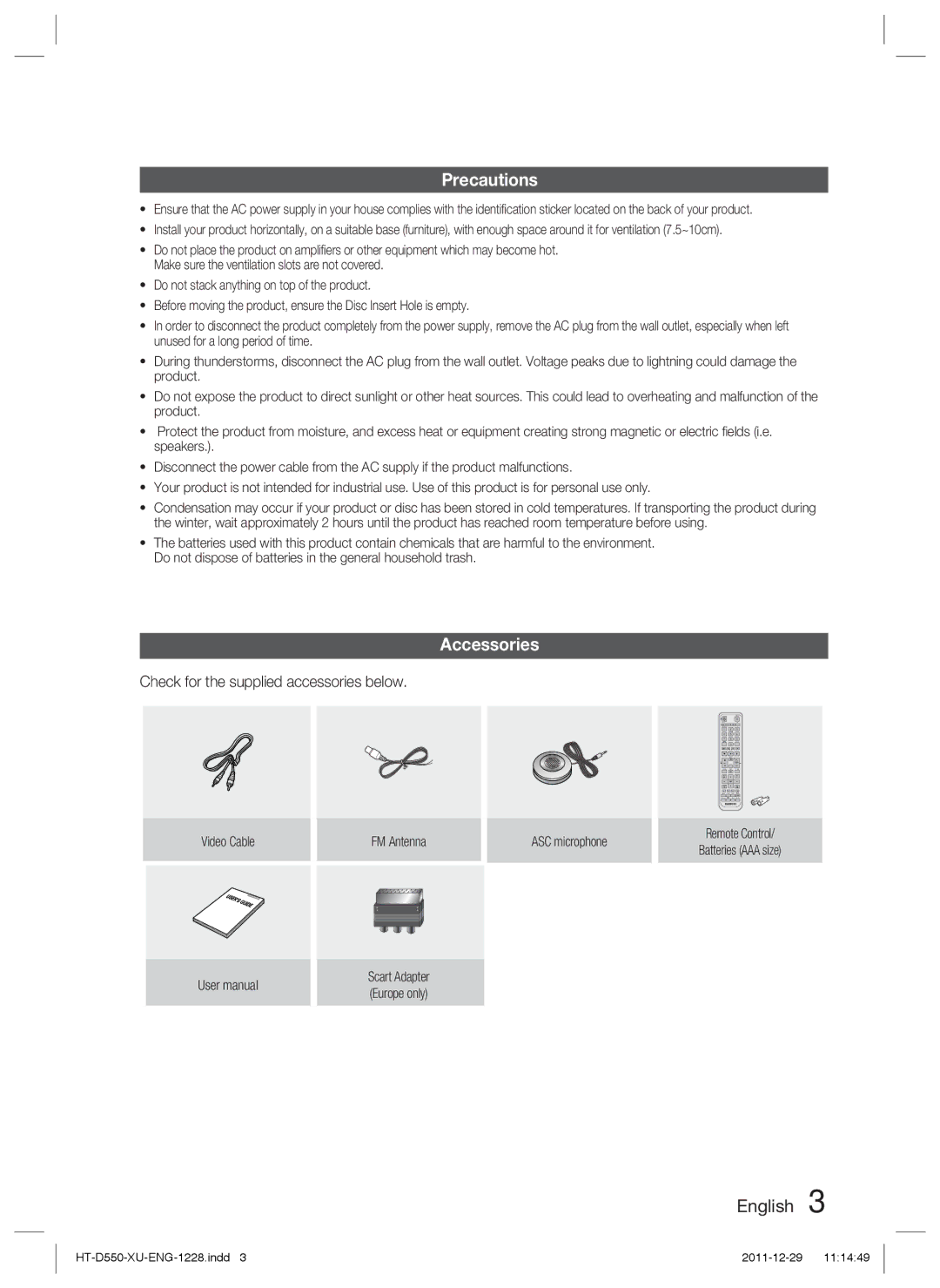 Samsung HT-D555/EN, HT-D550/XN, HT-D555/TK, HT-D550/EN Precautions, Accessories, Check for the supplied accessories below 