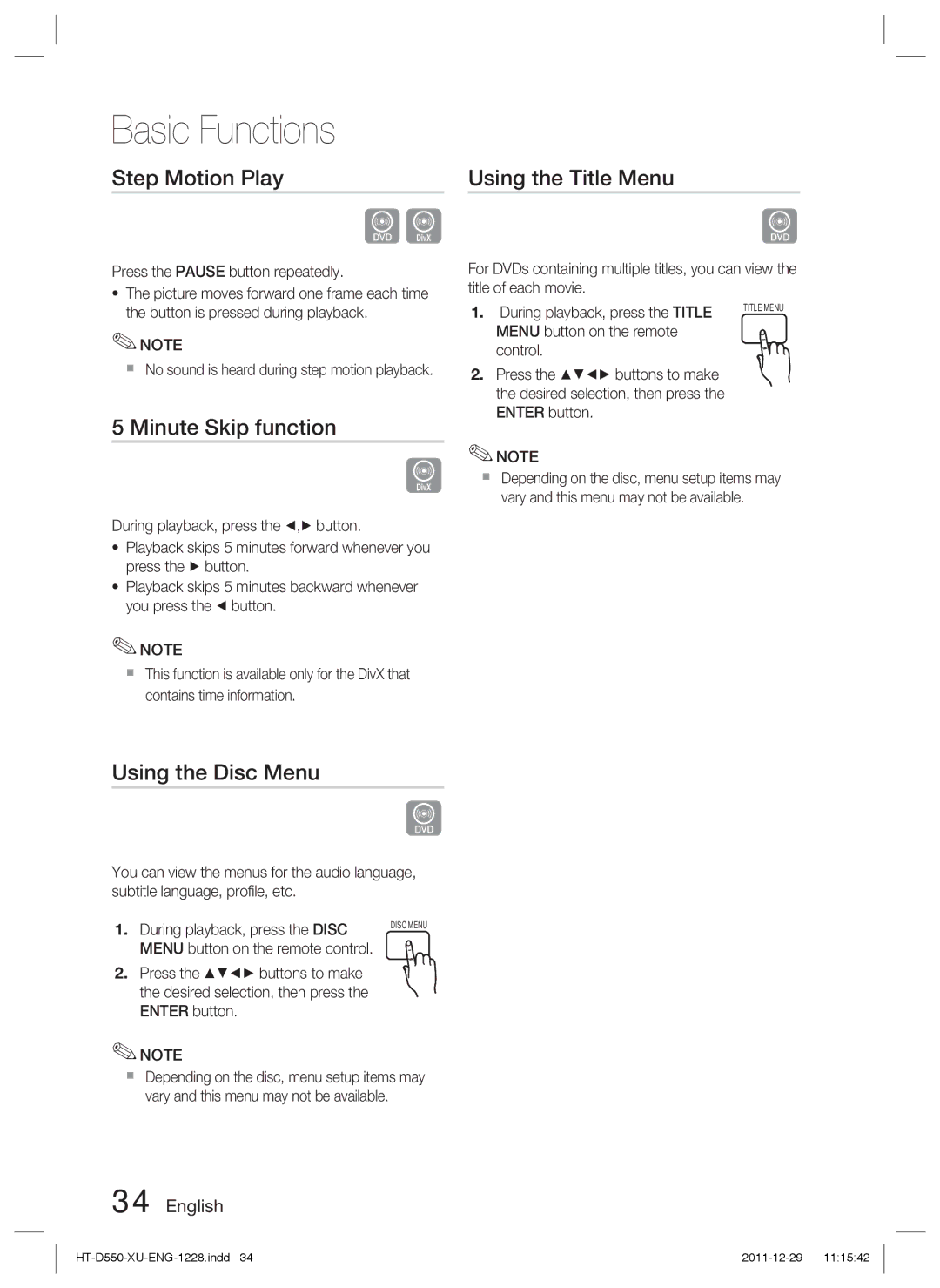 Samsung HT-D555/ZF, HT-D550/XN manual Step Motion Play, Minute Skip function, Using the Title Menu, Using the Disc Menu 