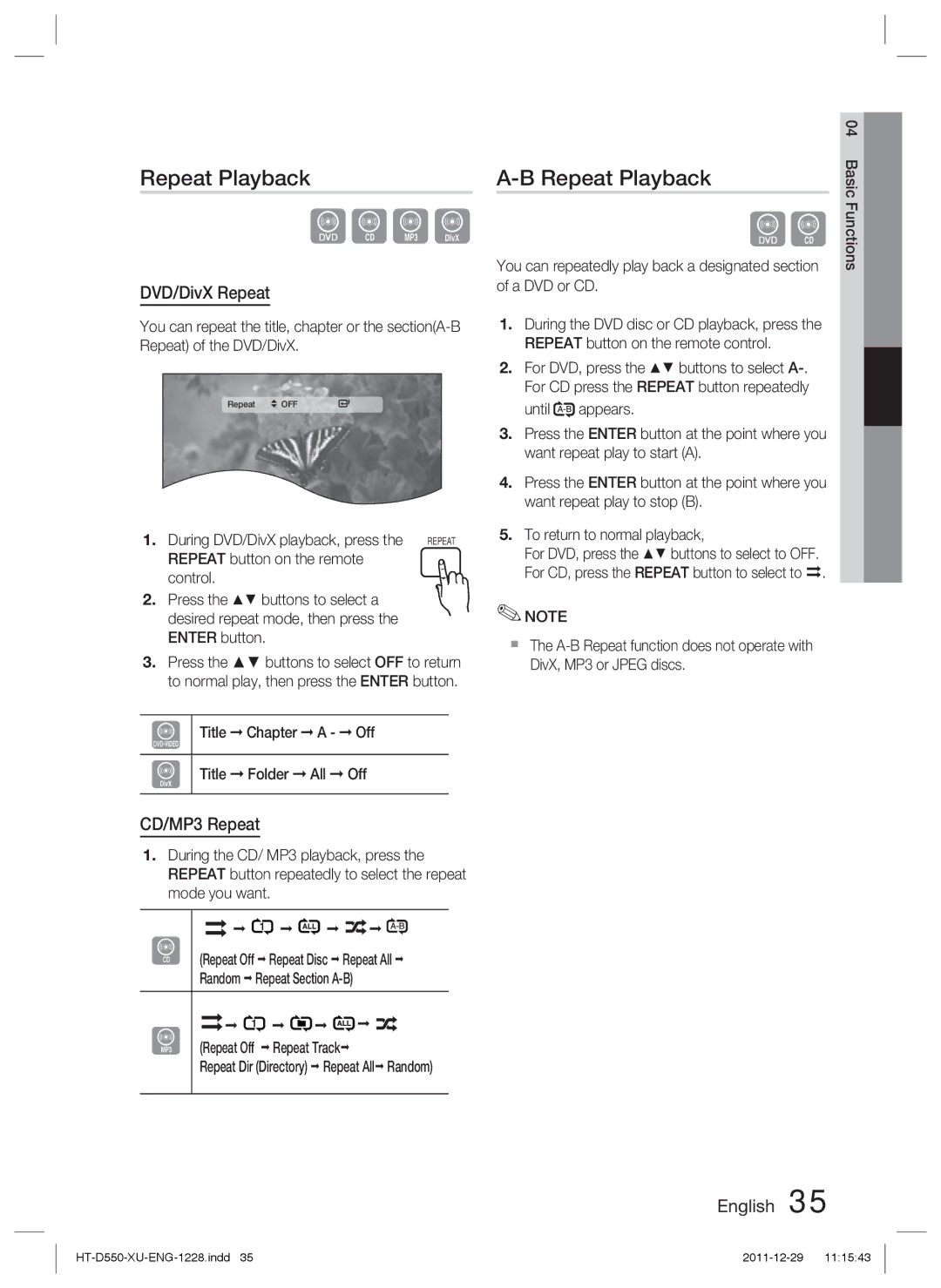 Samsung HT-D555WK/ZN, HT-D550/XN manual Repeat Playback, DVD/DivX Repeat, CD/MP3 Repeat, During DVD/DivX playback, press 