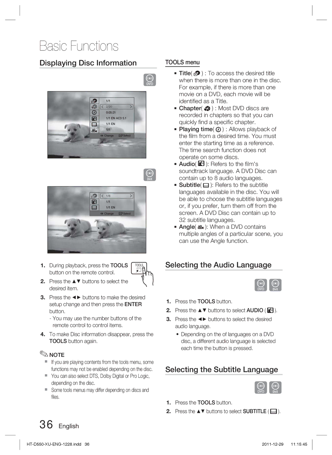 Samsung HT-D550/ZF Displaying Disc Information, Selecting the Audio Language, Selecting the Subtitle Language, Tools menu 