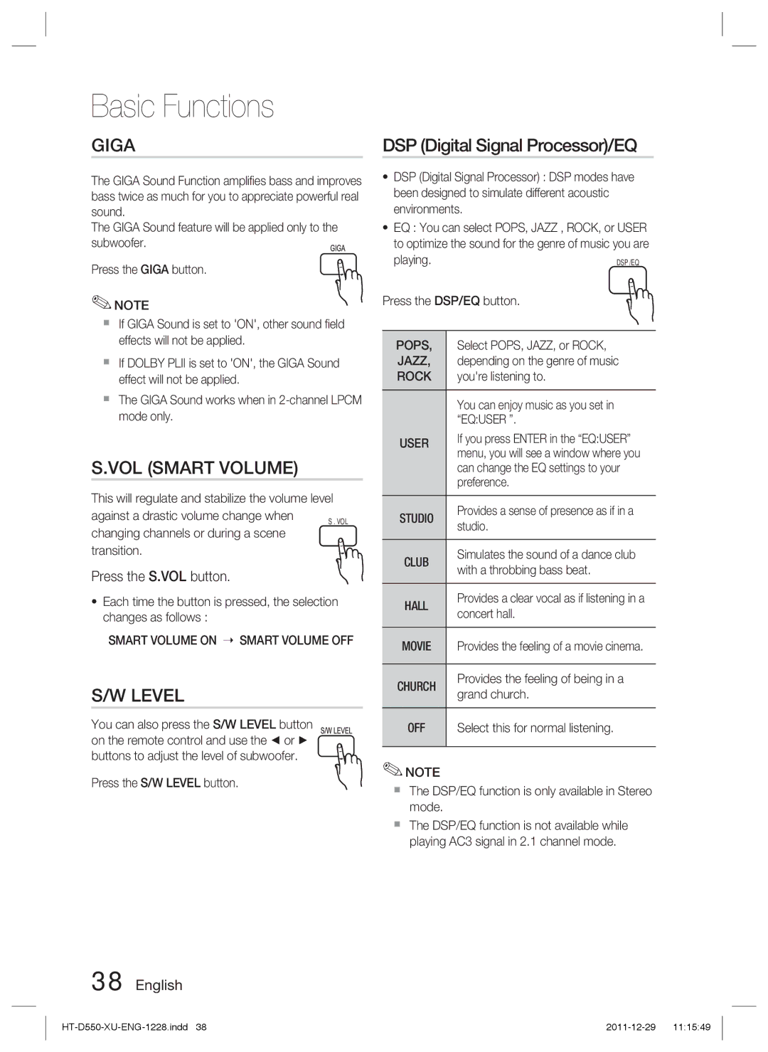 Samsung HT-D550/XE, HT-D550/XN manual Giga, VOL Smart Volume, Level, DSP Digital Signal Processor/EQ, Press the S.VOL button 