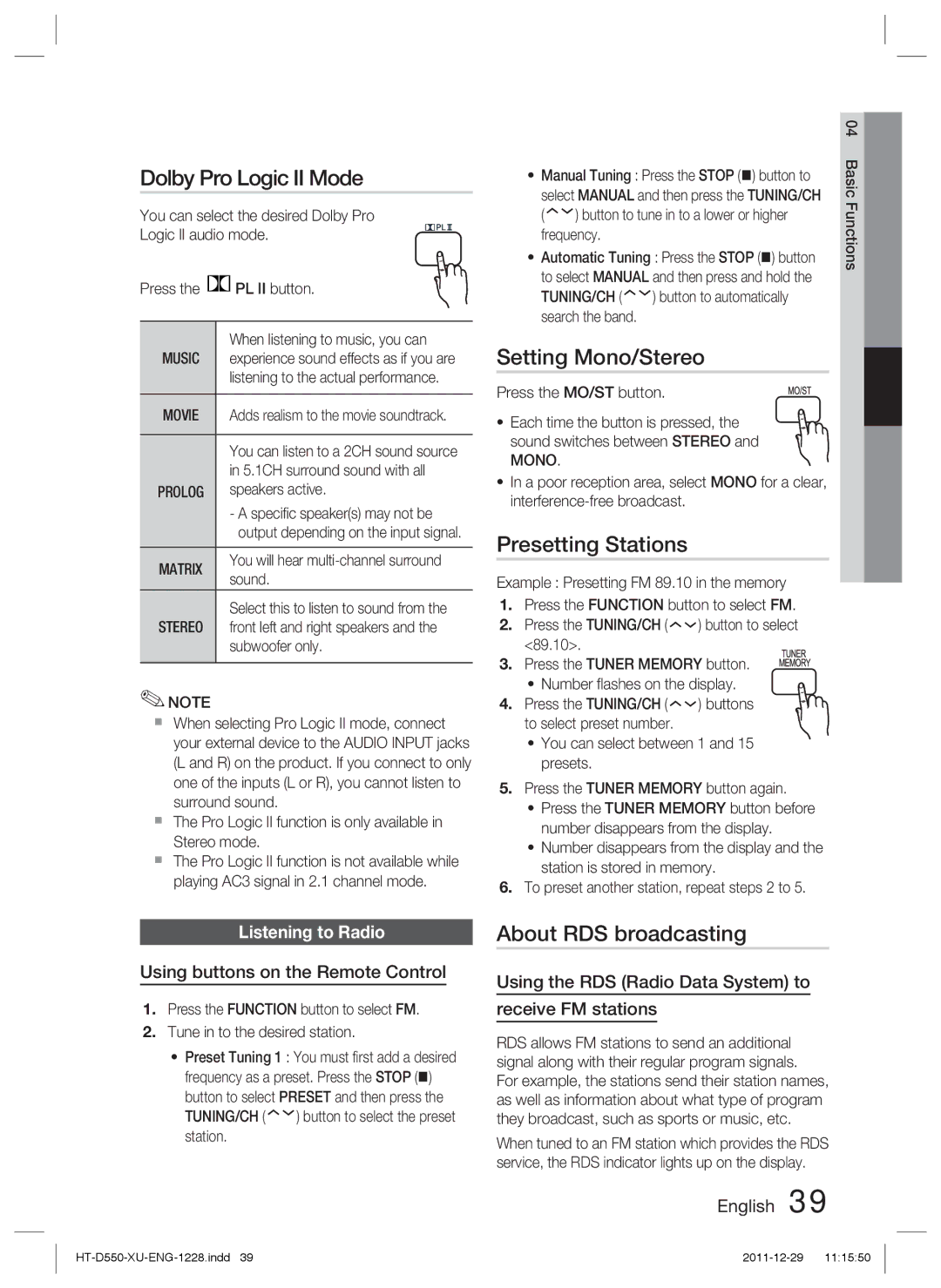 Samsung HT-D555WK/SQ, HT-D550/XN Dolby Pro Logic II Mode, Setting Mono/Stereo, Presetting Stations, About RDS broadcasting 