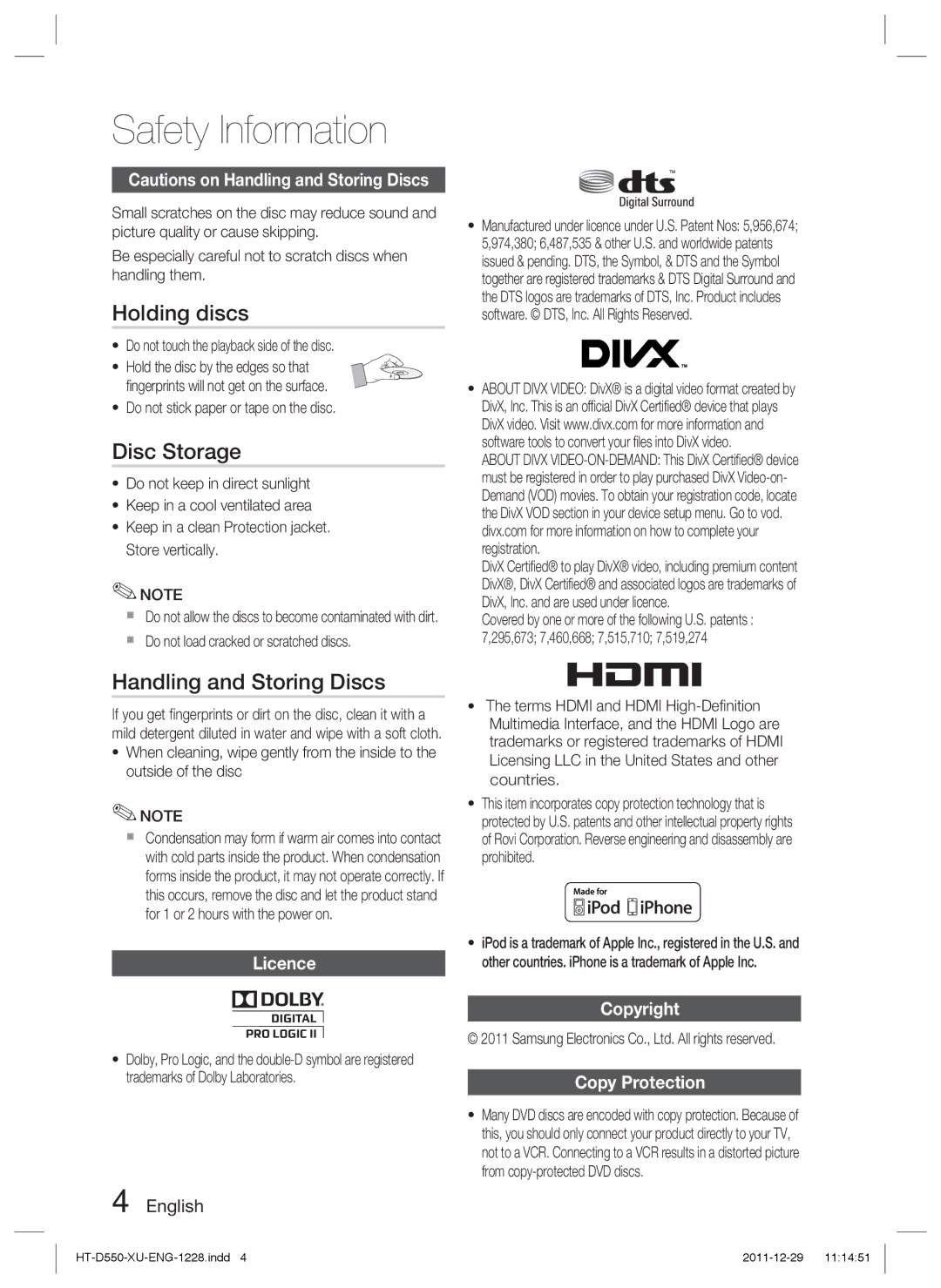 Samsung HT-D555/ZF, HT-D550/XN Holding discs, Disc Storage, Handling and Storing Discs, Licence, Copyright Copy Protection 