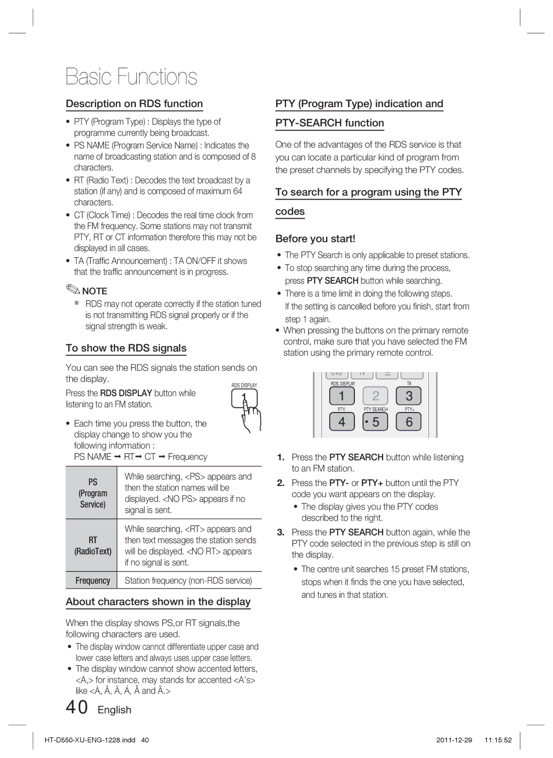 Samsung HT-D550/XN, HT-D555/TK Description on RDS function, To show the RDS signals, About characters shown in the display 