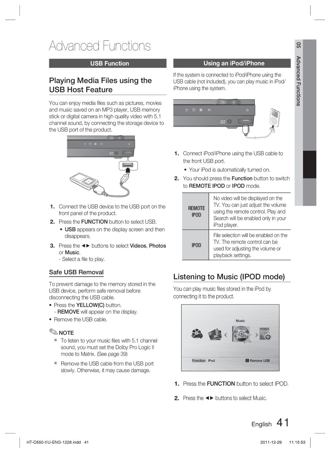 Samsung HT-D555/TK manual Advanced Functions, Playing Media Files using, USB Host Feature, Listening to Music Ipod mode 