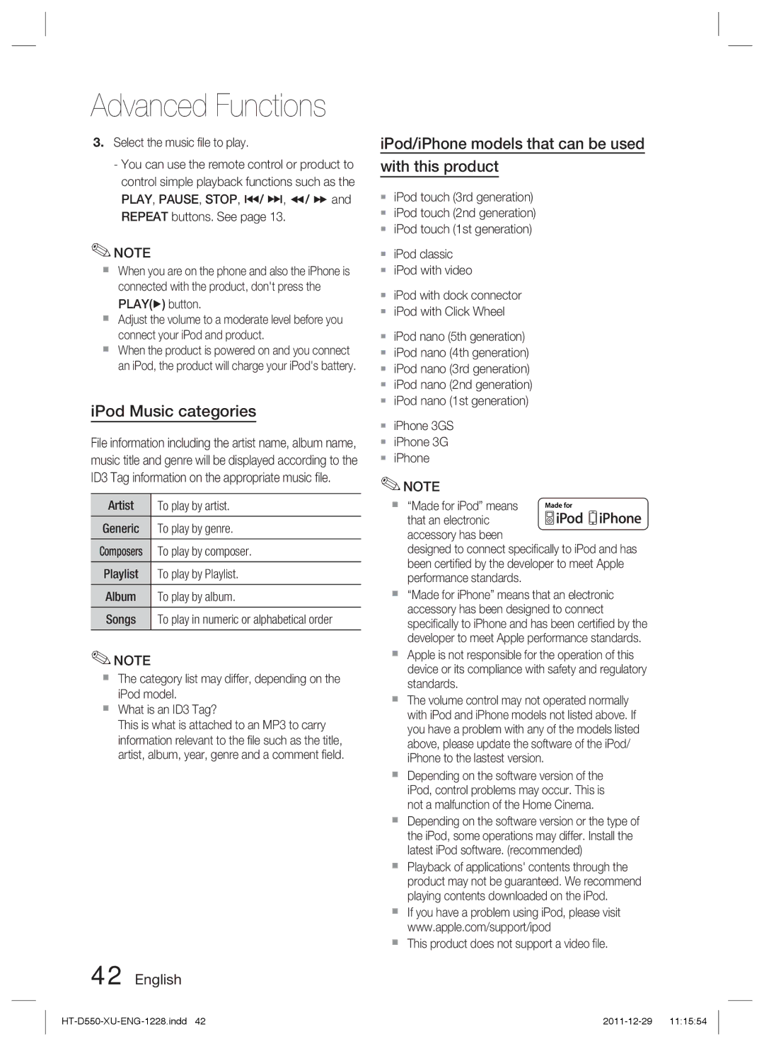 Samsung HT-D550/EN, HT-D550/XN, HT-D555/TK IPod Music categories, IPod/iPhone models that can be used with this product 