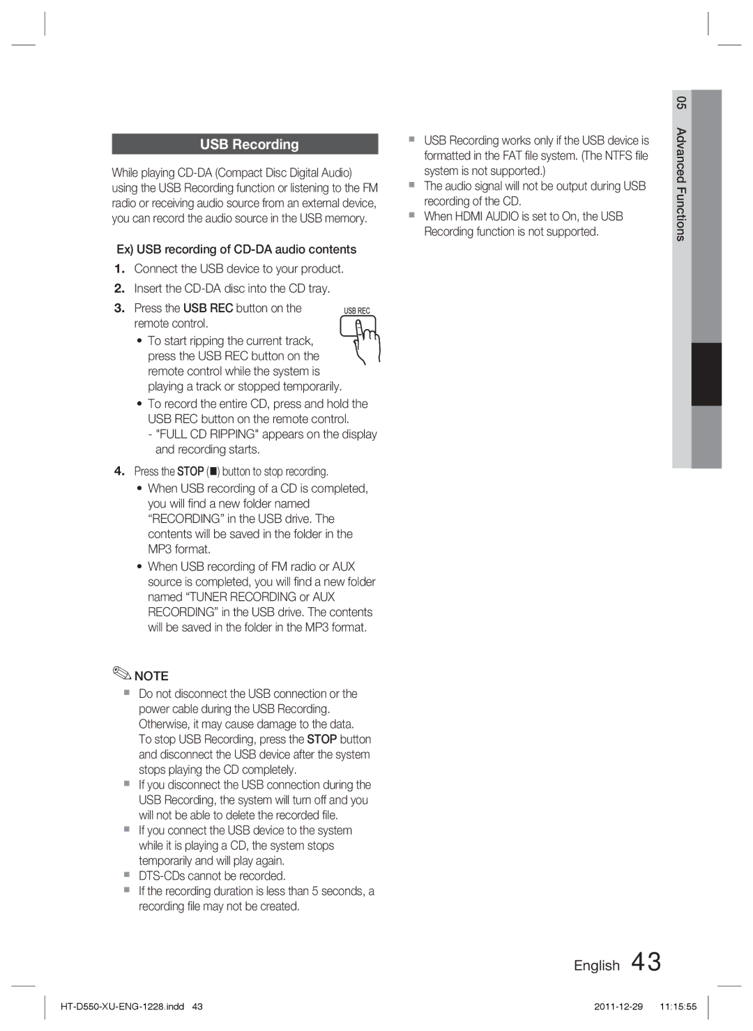 Samsung HT-D555/EN, HT-D550/XN, HT-D555/TK, HT-D550/EN USB Recording,  DTS-CDs cannot be recorded, System is not supported 