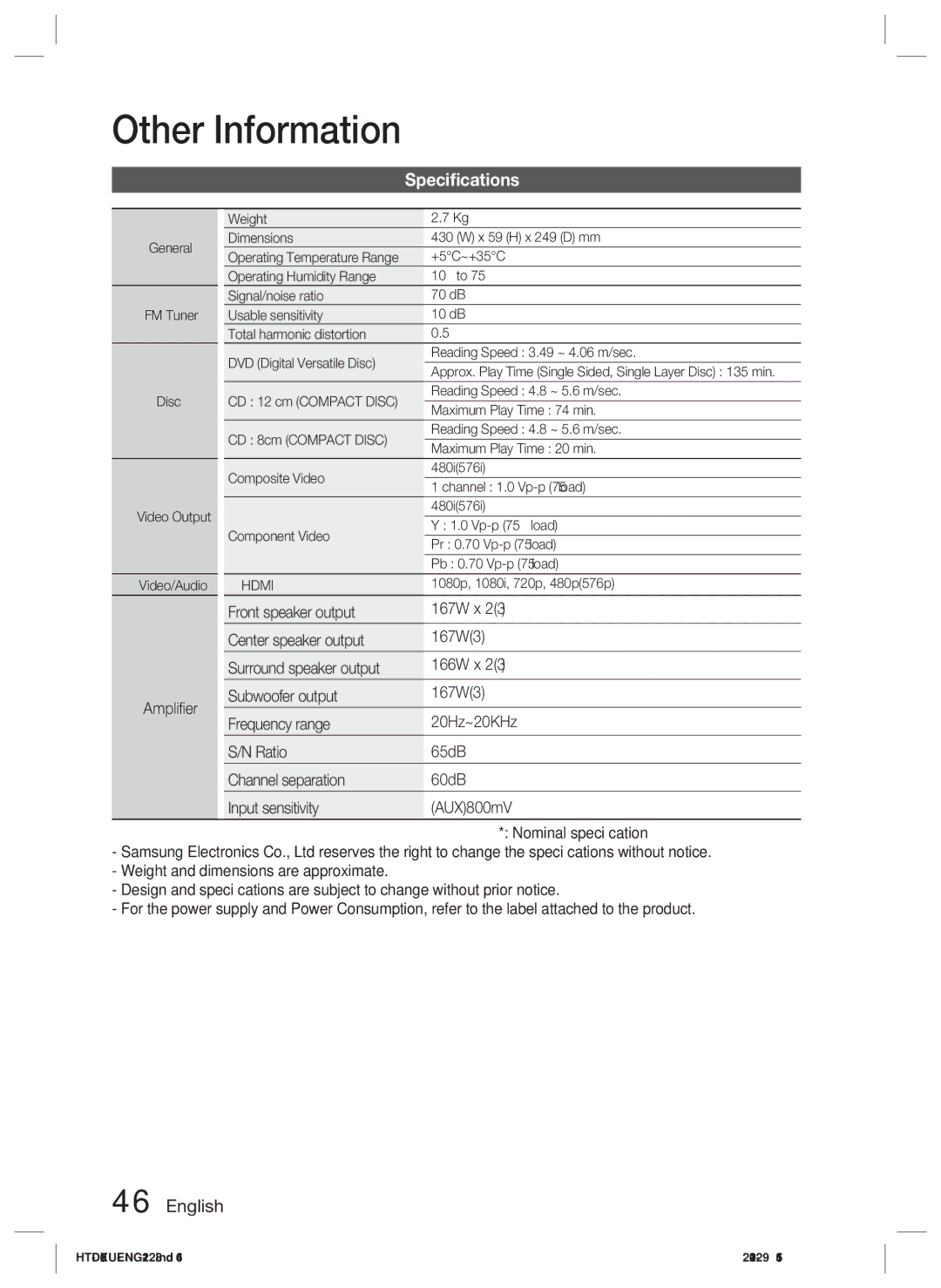 Samsung HT-D550/ZF Speciﬁcations, Amplifier, General FM Tuner Disc Video Output Video/Audio, 1080p, 1080i, 720p, 480p576p 