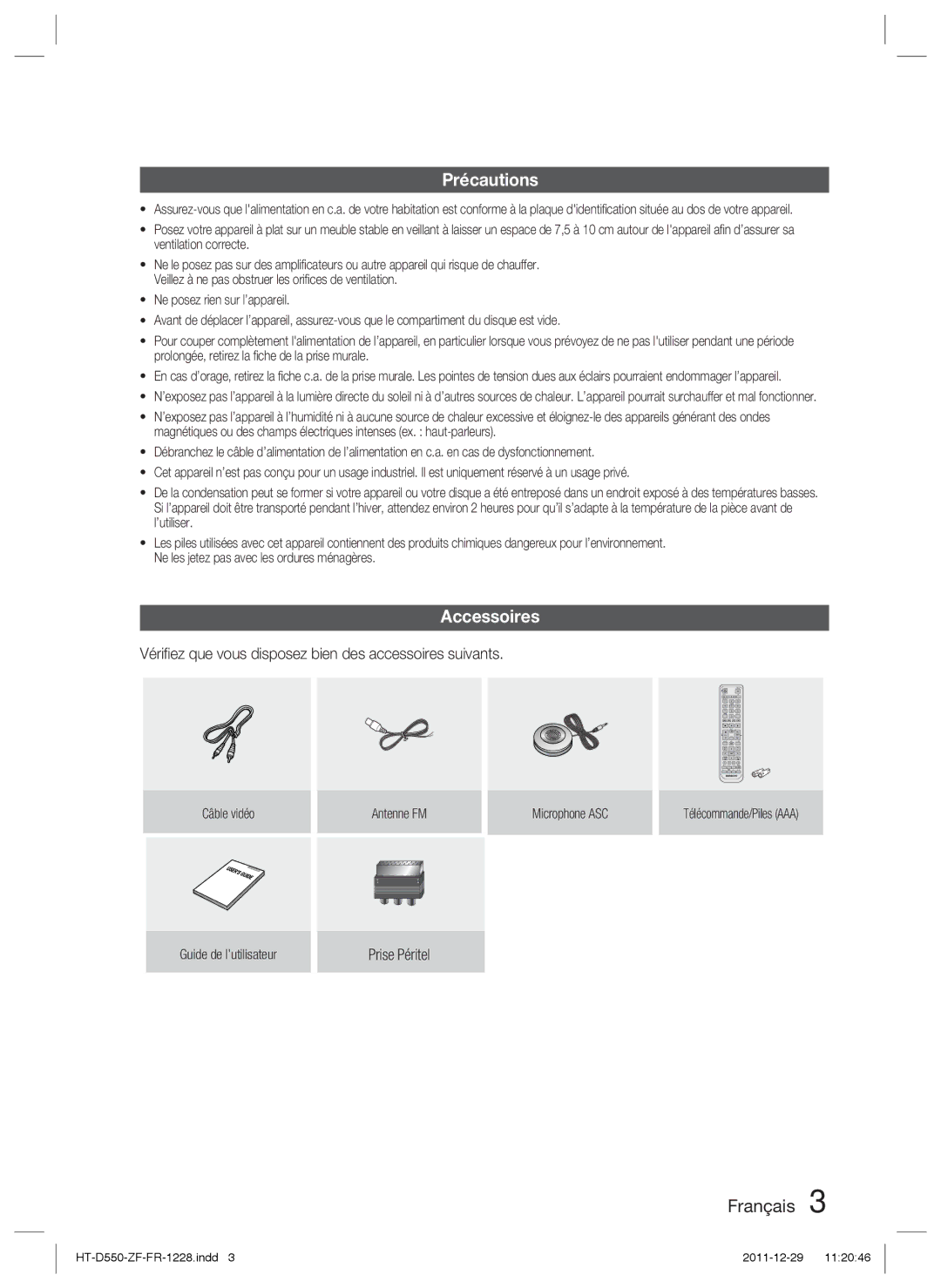 Samsung HT-D550/EN, HT-D550/XN manual Précautions, Accessoires, Vériﬁez que vous disposez bien des accessoires suivants 