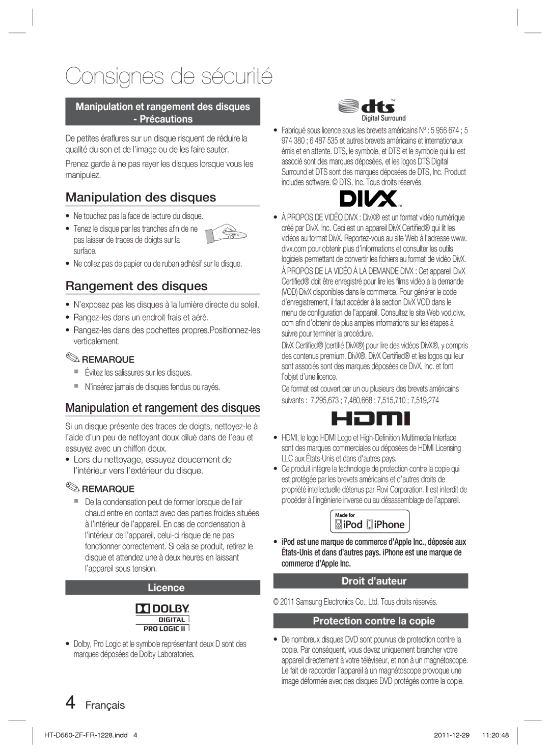 Samsung HT-D555/EN, HT-D550/XN manual Manipulation des disques, Rangement des disques, Manipulation et rangement des disques 