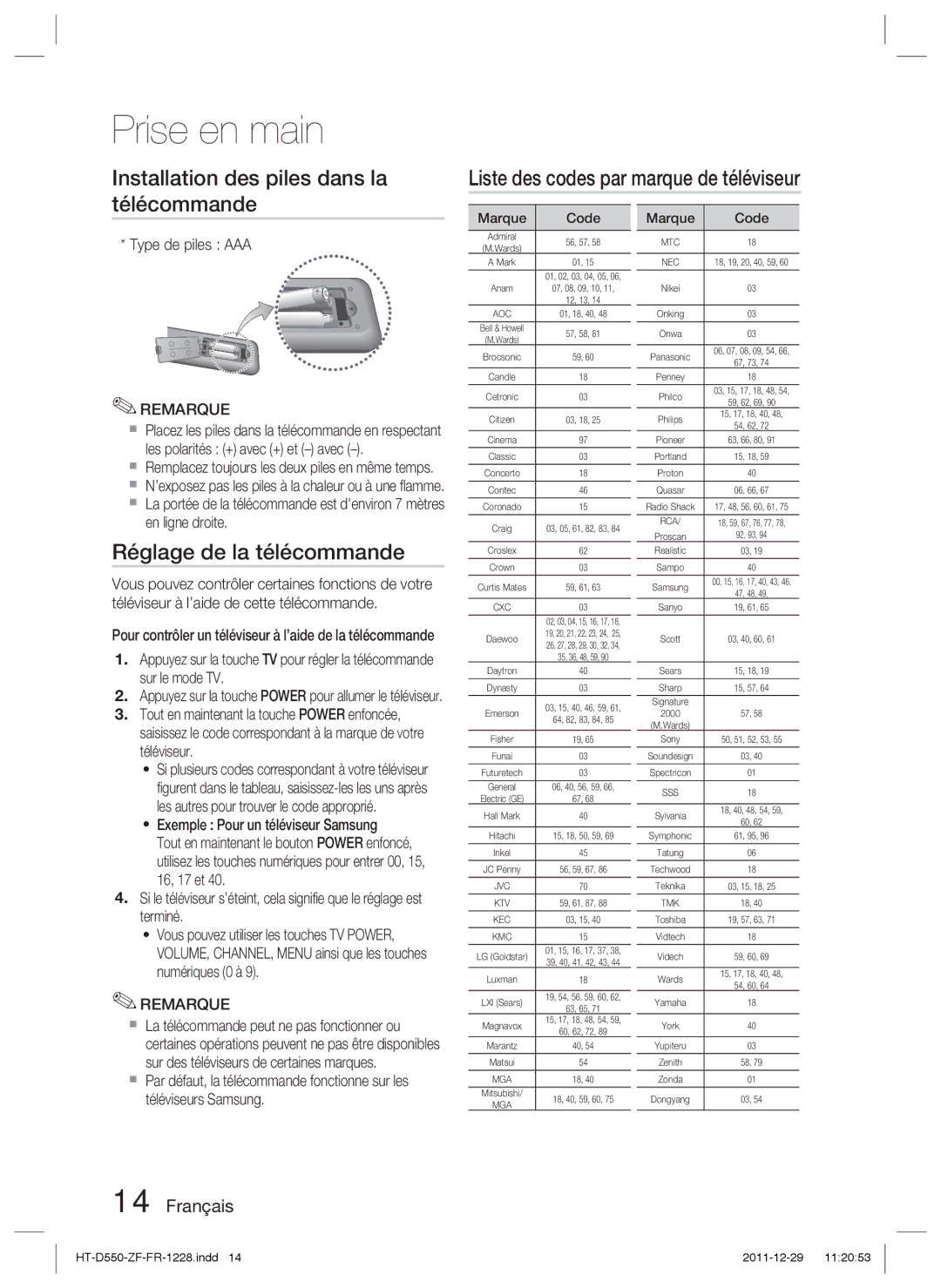 Samsung HT-D555/EN manual Réglage de la télécommande, Type de piles AAA, Exemple Pour un téléviseur Samsung, Marque Code 