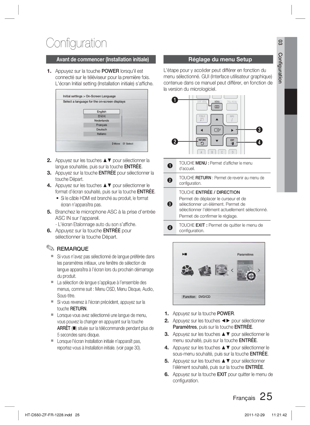 Samsung HT-D555/ZF, HT-D550/XN, HT-D555/TK, HT-D550/EN manual Conﬁguration, Réglage du menu Setup, Appuyez sur la touche Power 