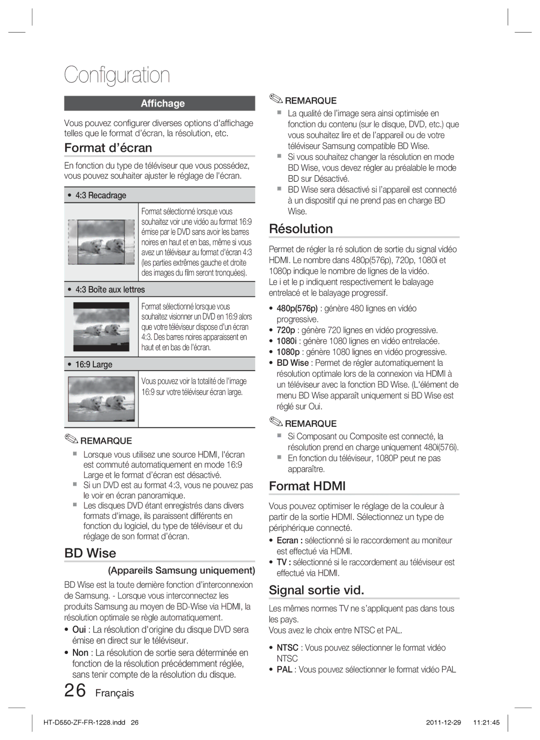 Samsung HT-D555WK/ZN, HT-D550/XN, HT-D555/TK manual Format d’écran, Résolution, Format Hdmi, Signal sortie vid, Afﬁchage 