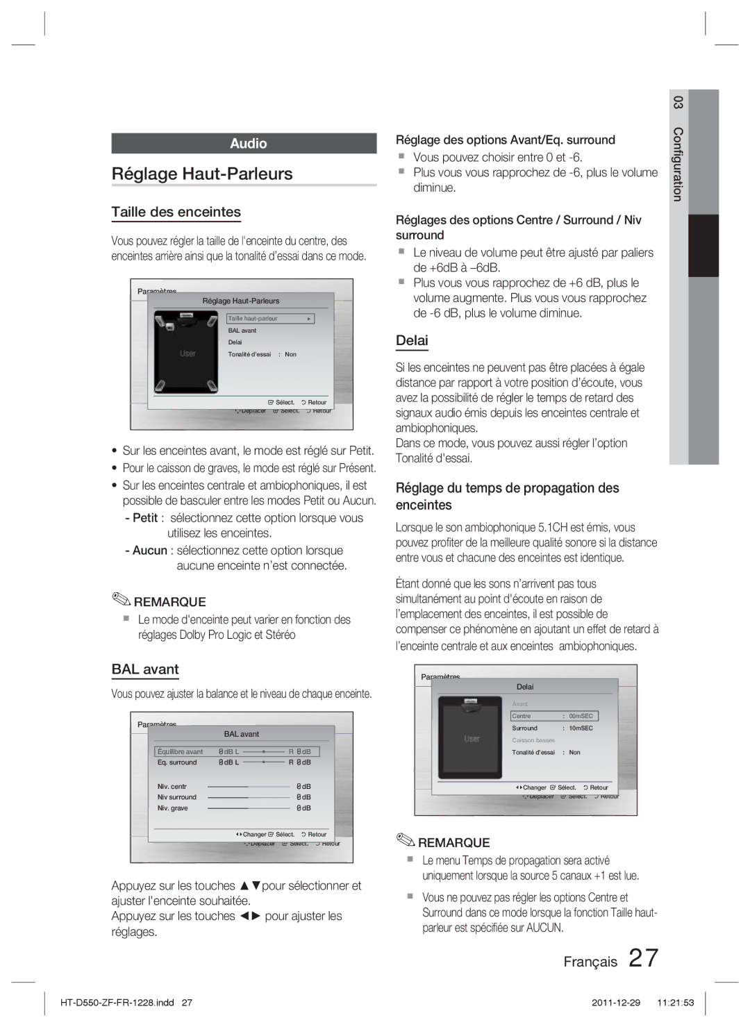 Samsung HT-D550/ZF manual Réglage Haut-Parleurs, Taille des enceintes, Delai, Réglage du temps de propagation des enceintes 