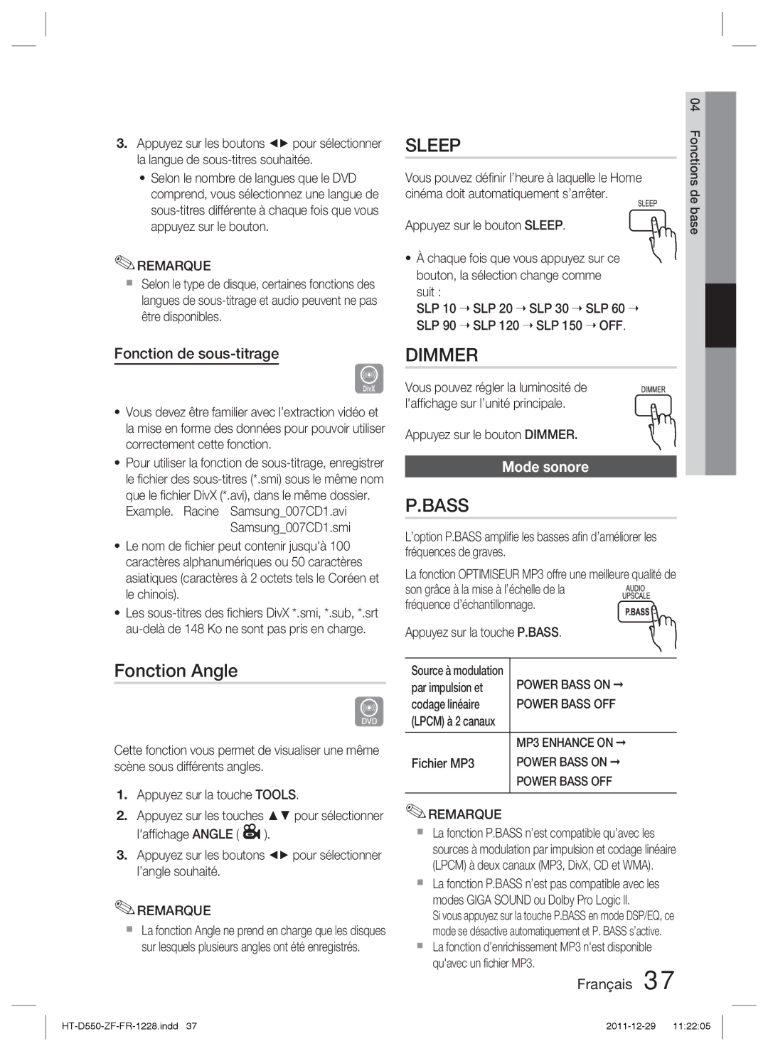 Samsung HT-D550/ZF, HT-D550/XN, HT-D555/TK, HT-D550/EN, HT-D555/EN, HT-D555/ZF manual Fonction Angle, Fonction de sous-titrage 