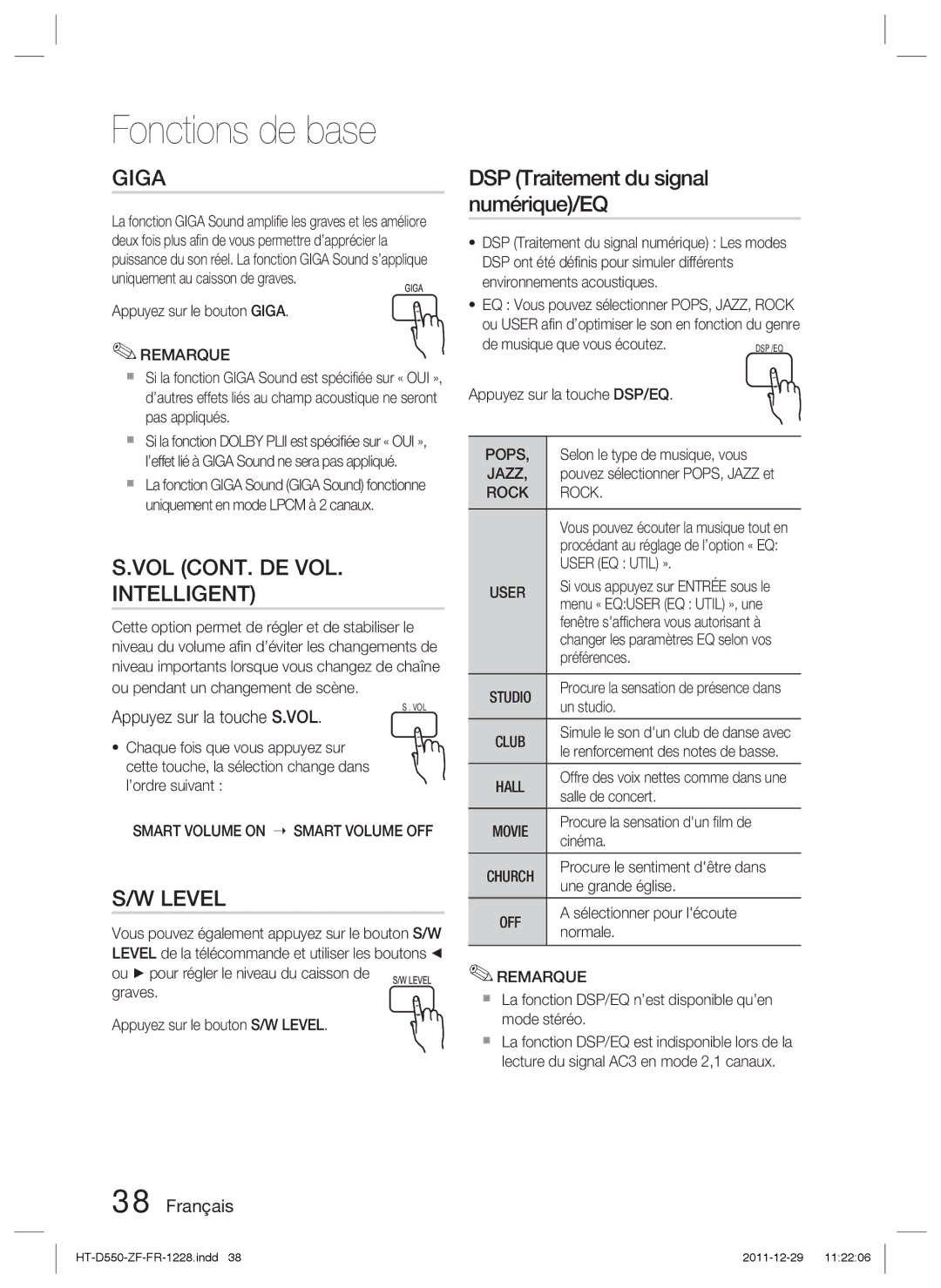 Samsung HT-D555/XE manual VOL CONT. DE VOL Intelligent, DSP Traitement du signal numérique/EQ, Appuyez sur la touche S.VOL 