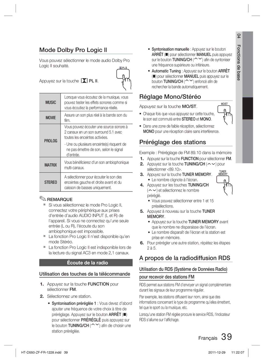 Samsung HT-D550/XE Mode Dolby Pro Logic ll, Réglage Mono/Stéréo, Préréglage des stations, Propos de la radiodiffusion RDS 