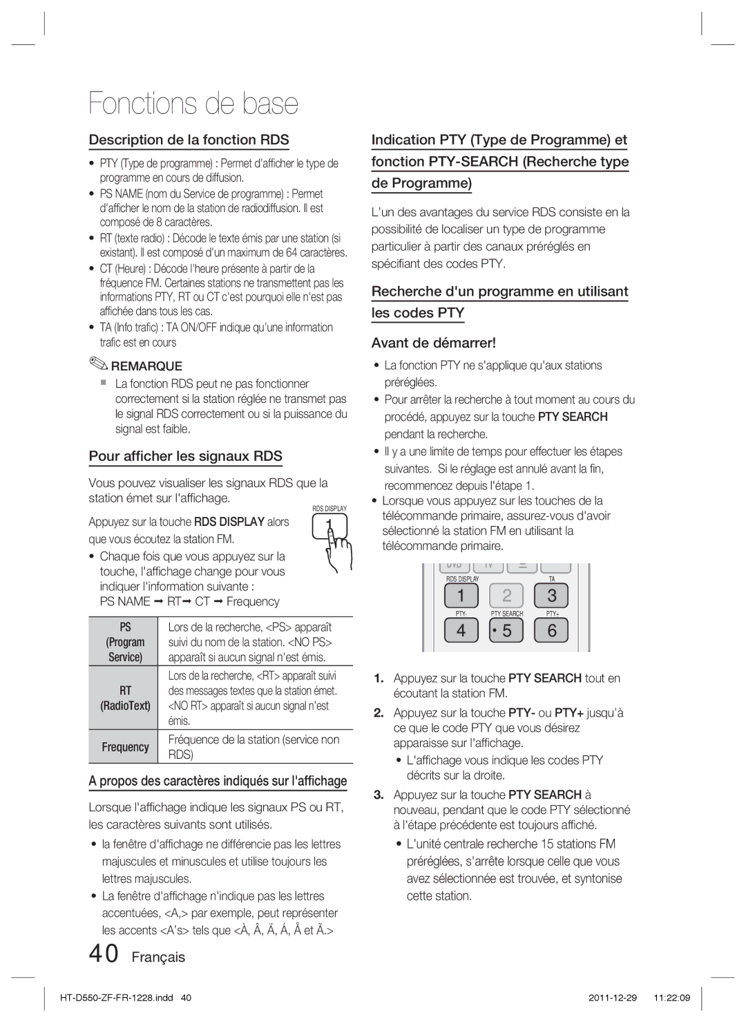 Samsung HT-D555WK/SQ Description de la fonction RDS, Pour afﬁcher les signaux RDS, PS Name RT CT Frequency, Émis, Rds 