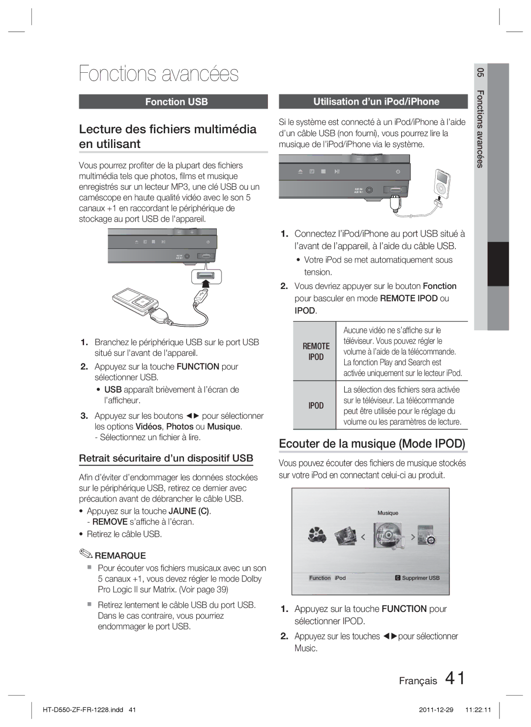 Samsung HT-D550/XN manual Fonctions avancées, Lecture des ﬁchiers multimédia, En utilisant, Ecouter de la musique Mode Ipod 