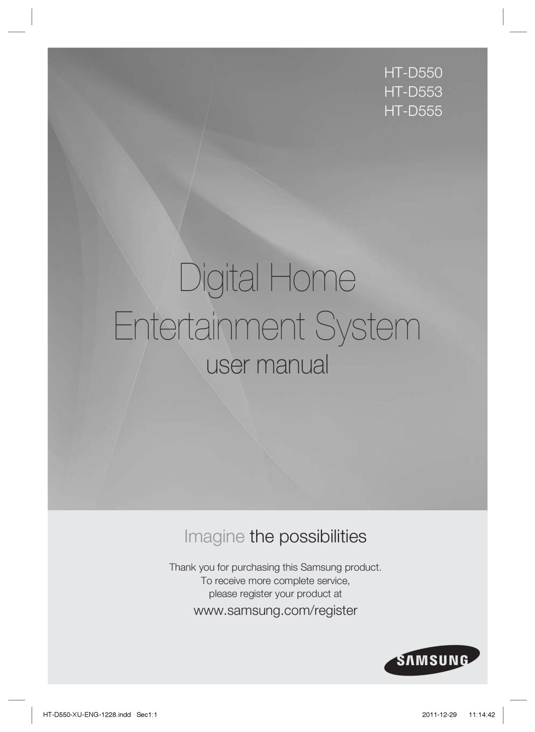 Samsung HT-D555/TK manual Digital Home Entertainment System, user manual, Imagine the possibilities, 2011-12-29 