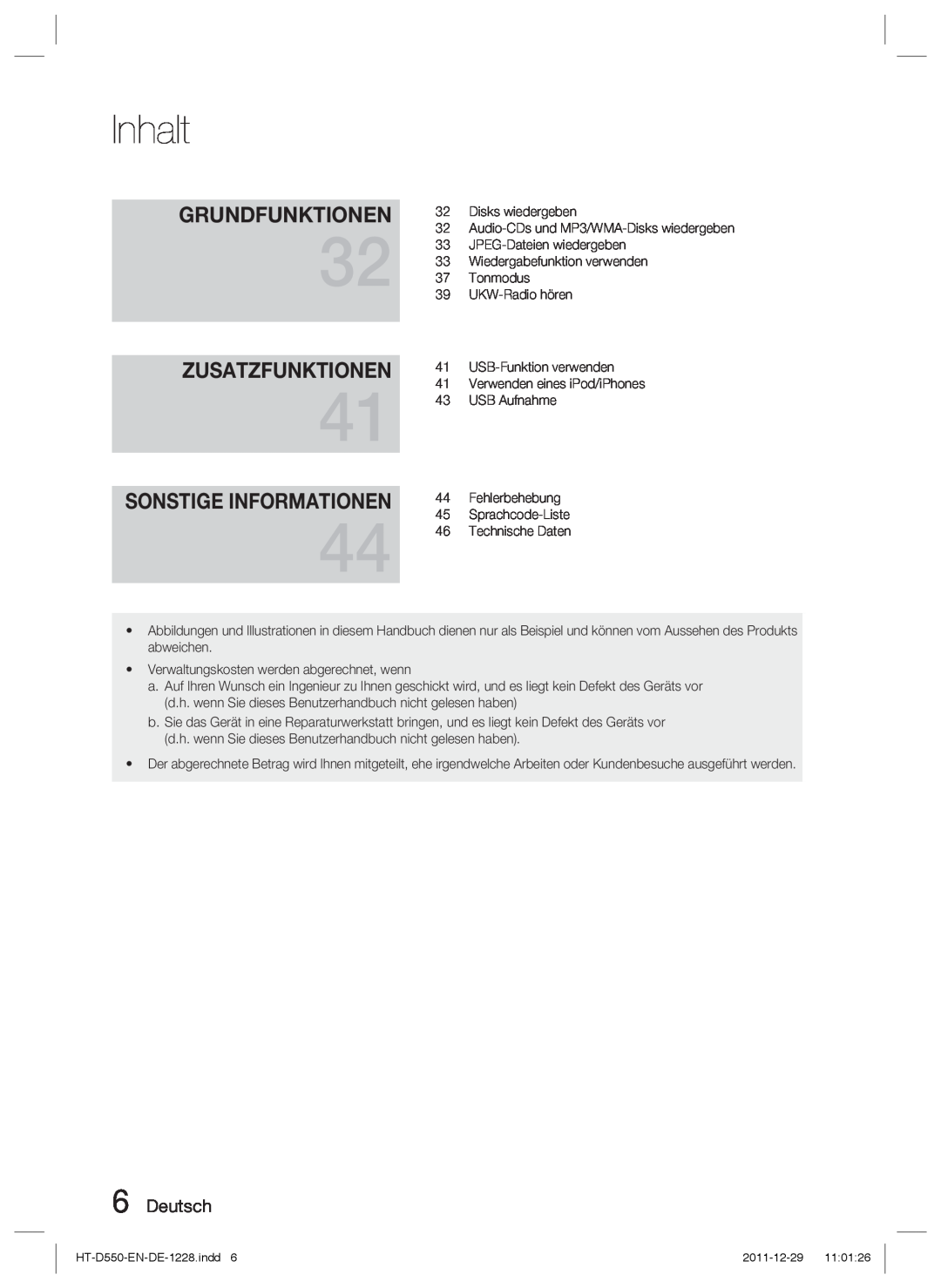 Samsung HT-D555/ZF, HT-D550/XN, HT-D555/TK manual Zusatzfunktionen, Sonstige Informationen, Grundfunktionen, Deutsch, Inhalt 