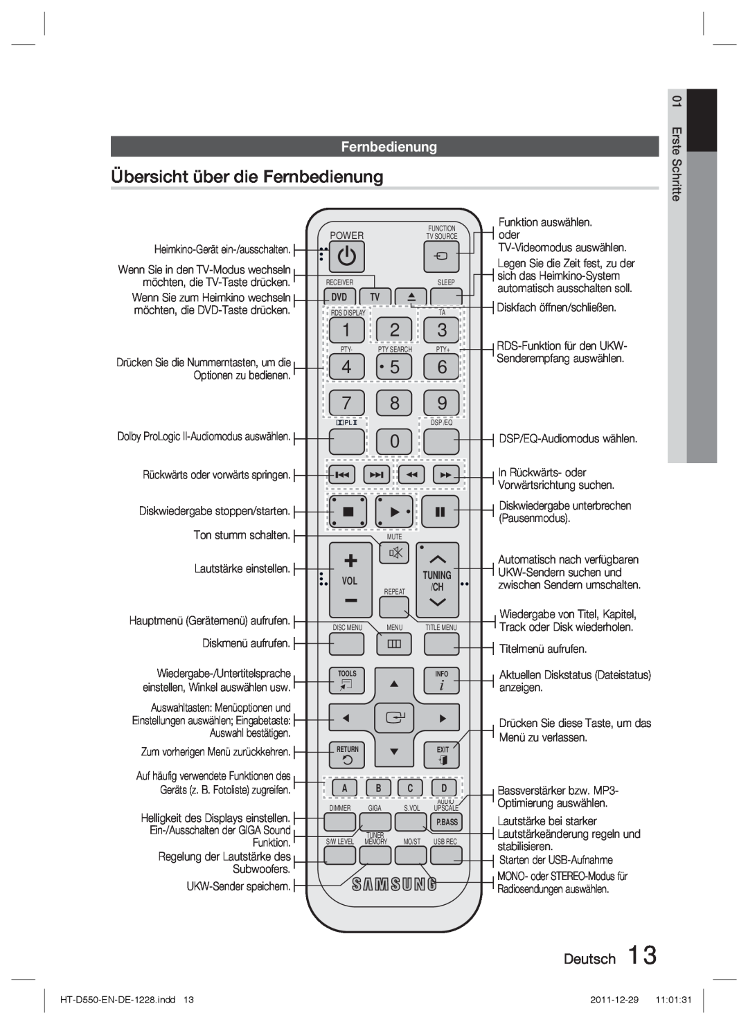 Samsung HT-D555/TK Übersicht über die Fernbedienung, Deutsch, Erste Schritte, Funktion auswählen, In Rückwärts- oder 