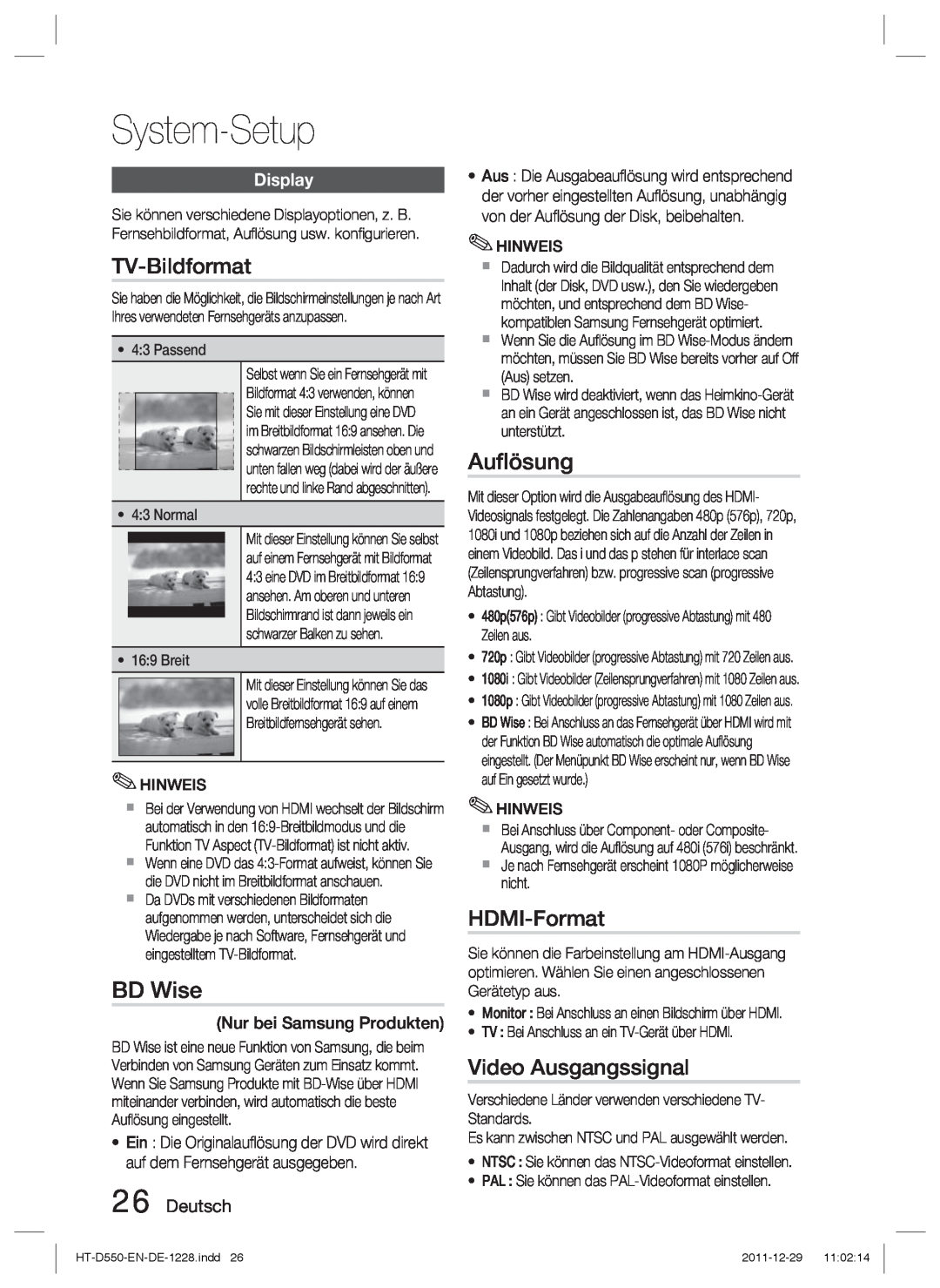 Samsung HT-D555/ZF TV-Bildformat, Auﬂösung, HDMI-Format, Video Ausgangssignal, Deutsch, System-Setup, BD Wise, Display 