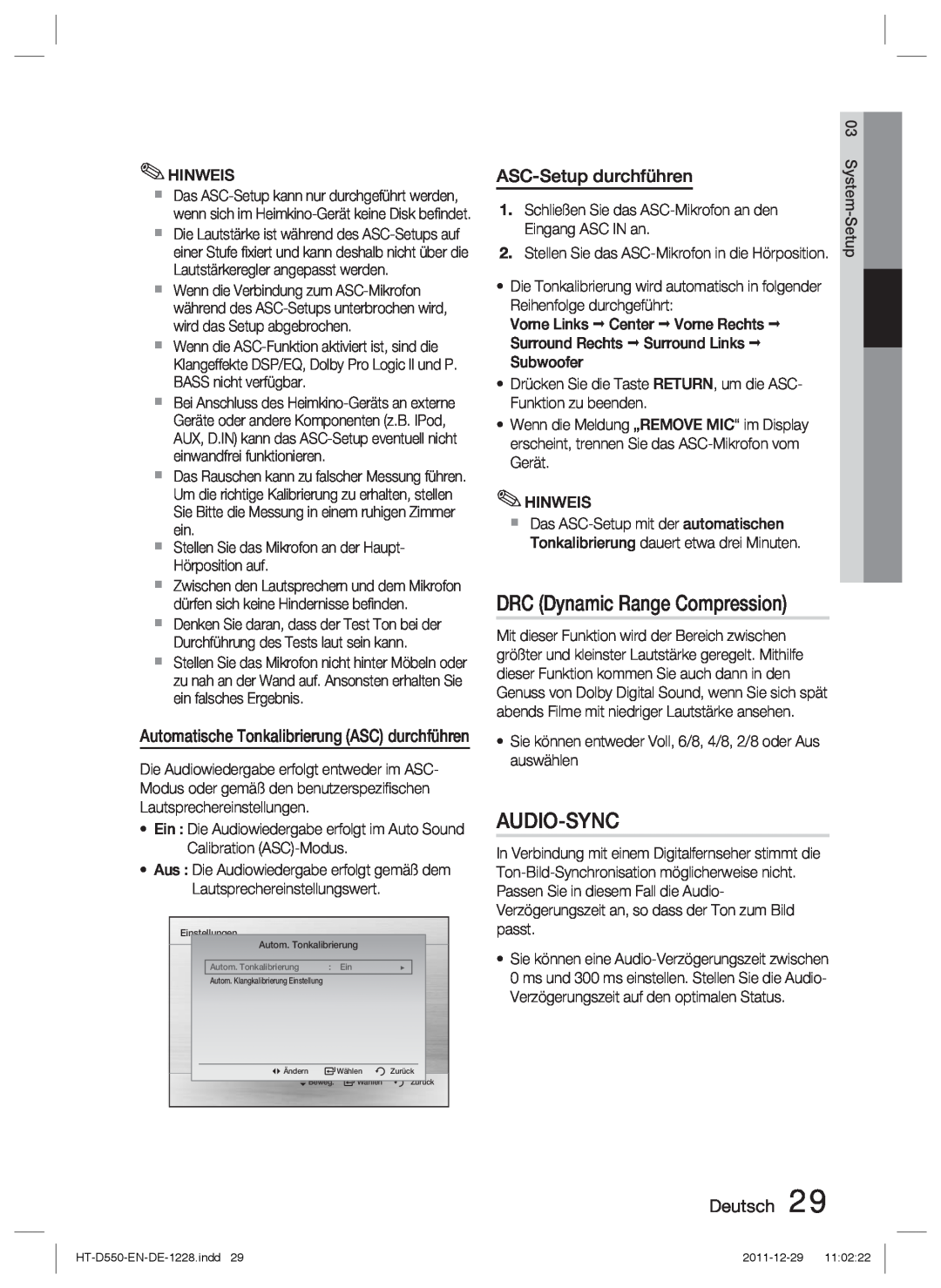 Samsung HT-D555/XE, HT-D550/XN, HT-D555/TK manual Audio-Sync, ASC-Setup durchführen, DRC Dynamic Range Compression, Deutsch 
