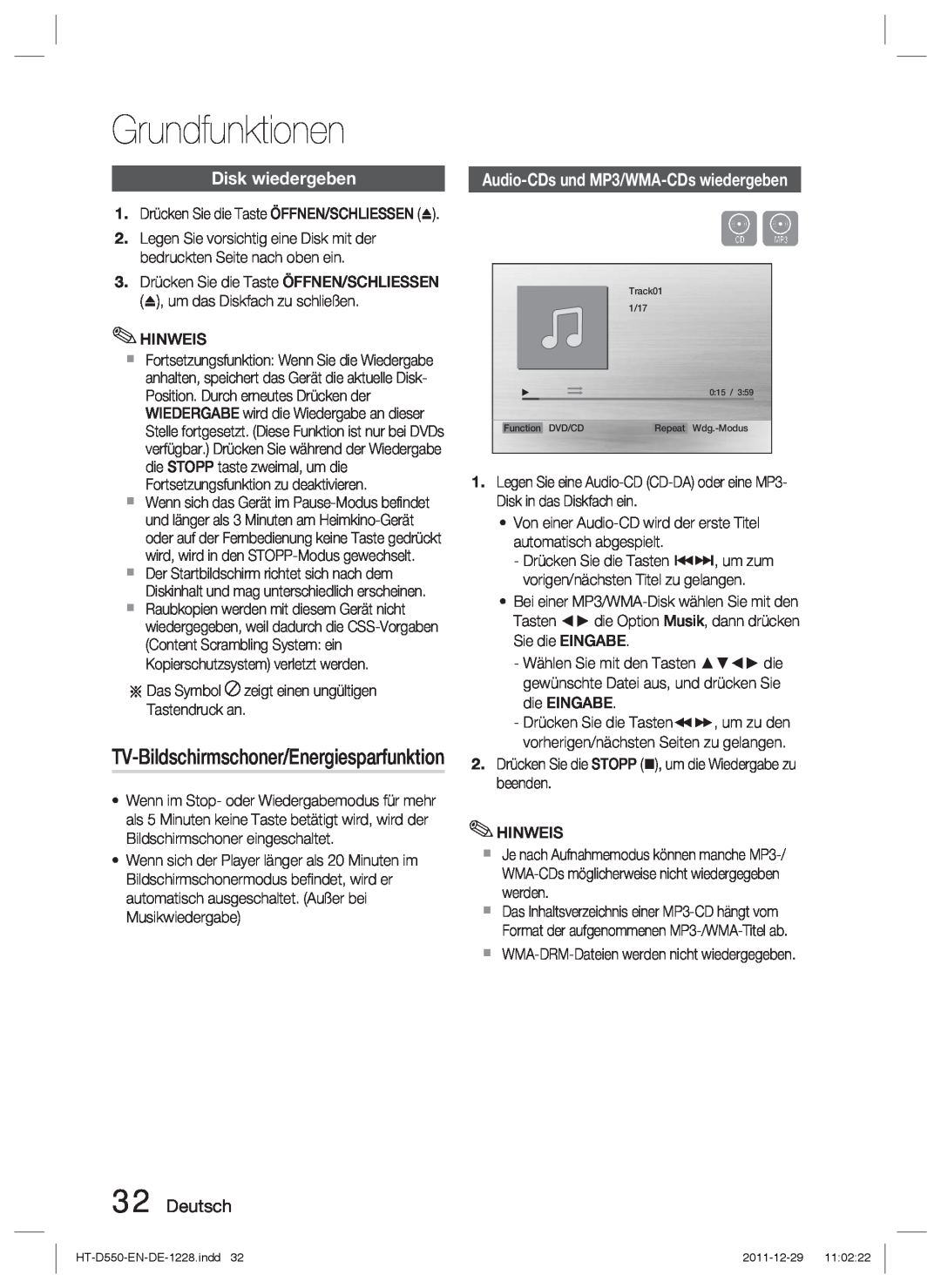 Samsung HT-D550/XN, HT-D555/TK manual Grundfunktionen, Disk wiedergeben, TV-Bildschirmschoner/Energiesparfunktion, Deutsch 