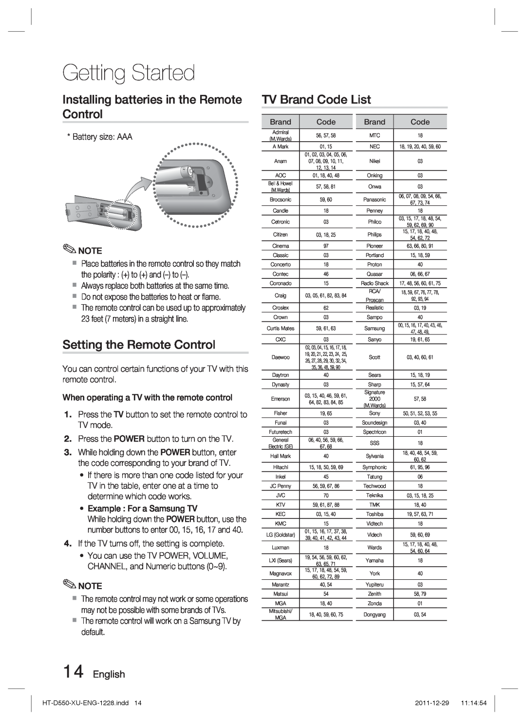 Samsung HT-D555/ZF Installing batteries in the Remote Control, TV Brand Code List, Setting the Remote Control, English 