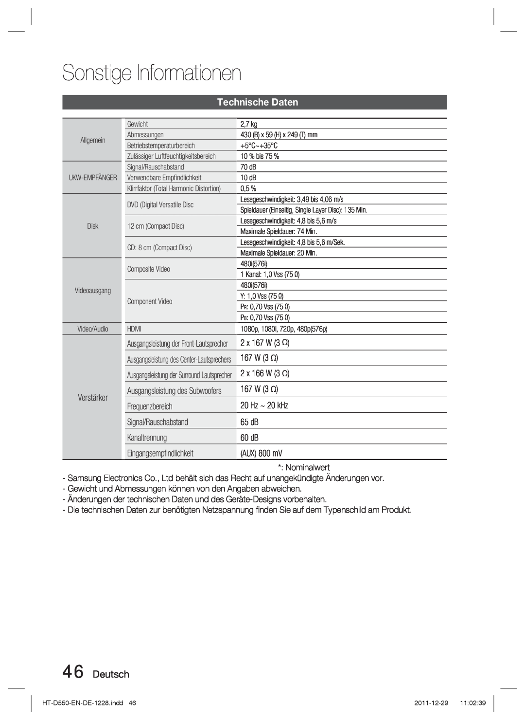 Samsung HT-D555/ZF, HT-D550/XN, HT-D555/TK, HT-D550/EN, HT-D555/EN manual Technische Daten, Deutsch, Sonstige Informationen 