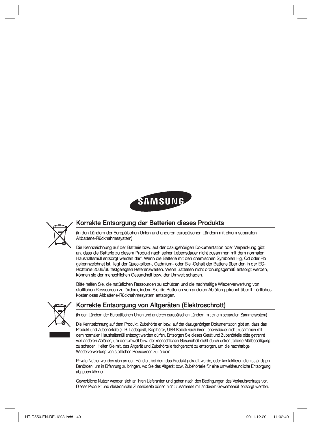 Samsung HT-D555/XE Korrekte Entsorgung der Batterien dieses Produkts, Korrekte Entsorgung von Altgeräten Elektroschrott 