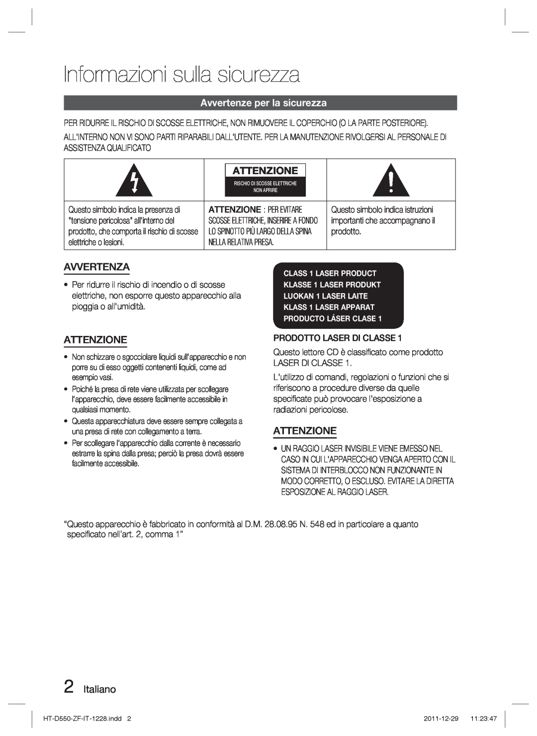 Samsung HT-D555WK/SQ manual Informazioni sulla sicurezza, Avvertenze per la sicurezza, Attenzione, Avvertenza, Italiano 