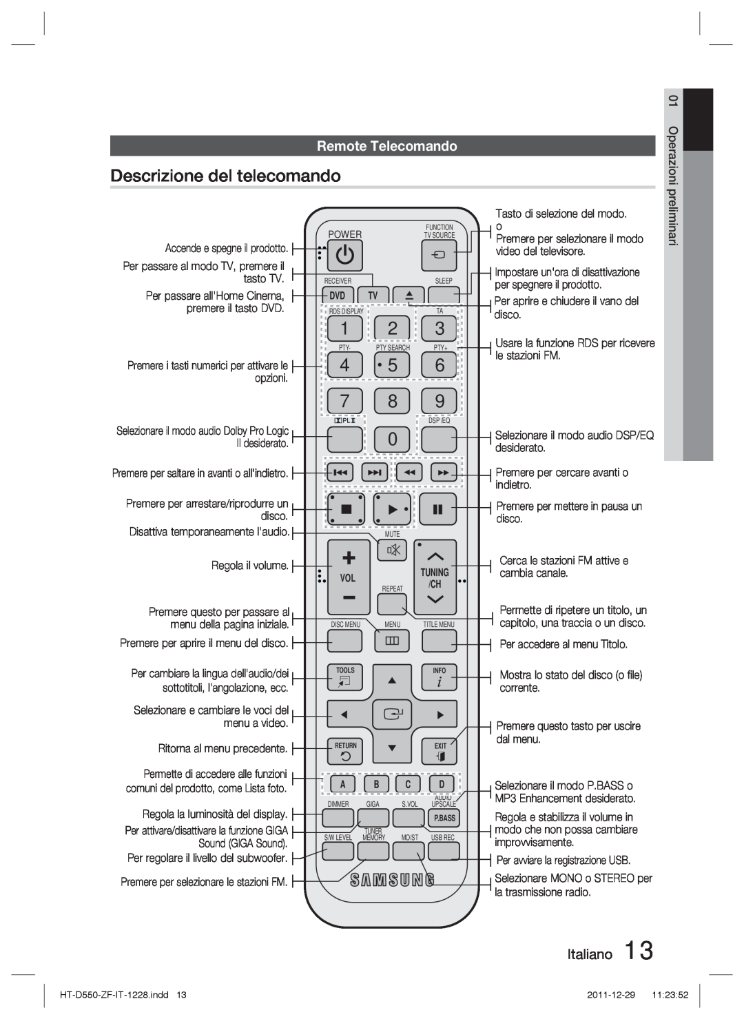 Samsung HT-D550/XN Descrizione del telecomando, Remote Telecomando, Italiano, Operazioni, Accende e spegne il prodotto 