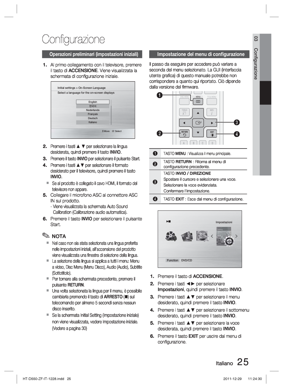 Samsung HT-D550/EN manual Conﬁgurazione, Italiano, Operazioni preliminari impostazioni iniziali, dalla versione del ﬁrmware 