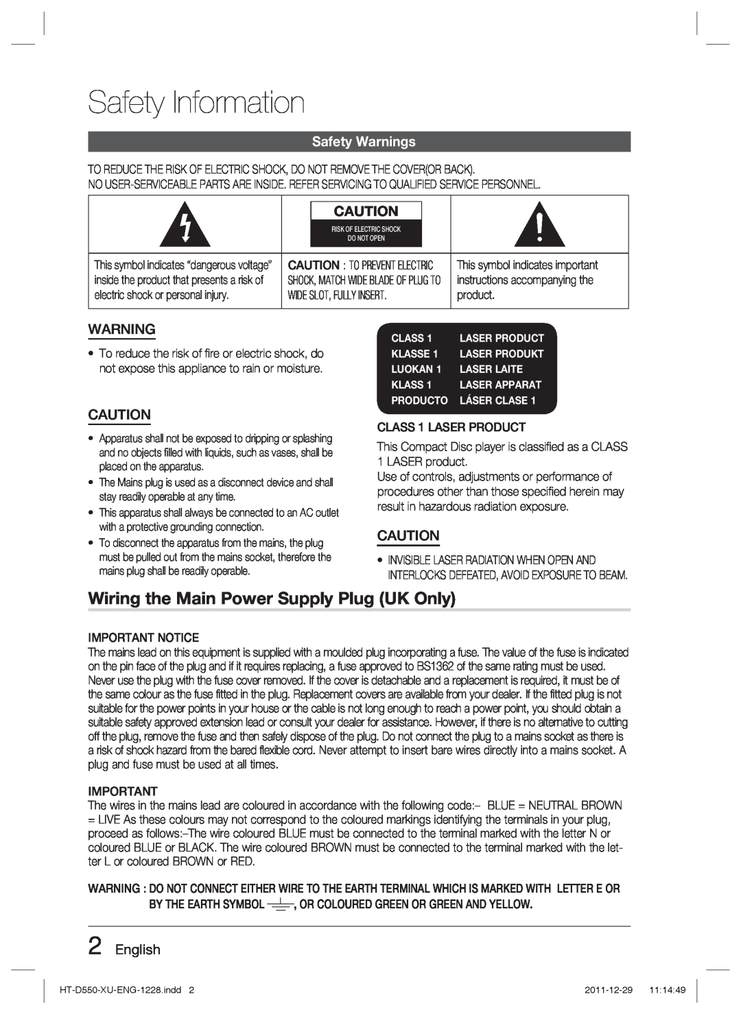 Samsung HT-D550/EN, HT-D550/XN Safety Information, Wiring the Main Power Supply Plug UK Only, Safety Warnings, English 