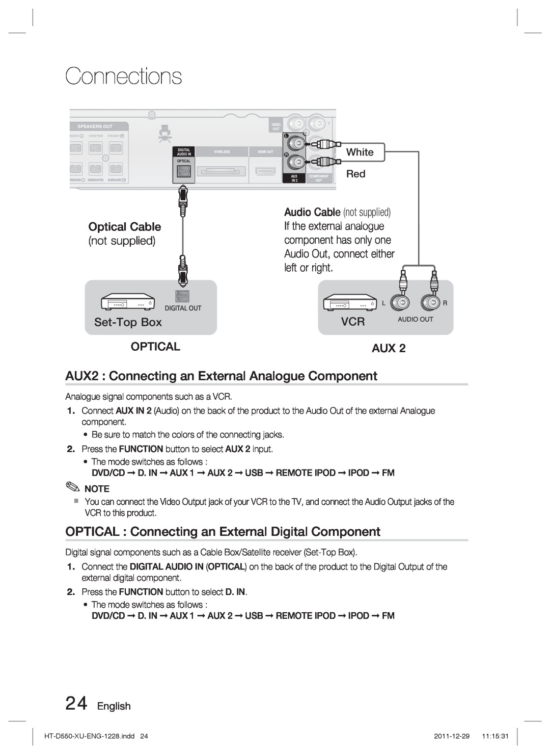 Samsung HT-D555/ZF AUX2 Connecting an External Analogue Component, OPTICAL Connecting an External Digital Component, White 